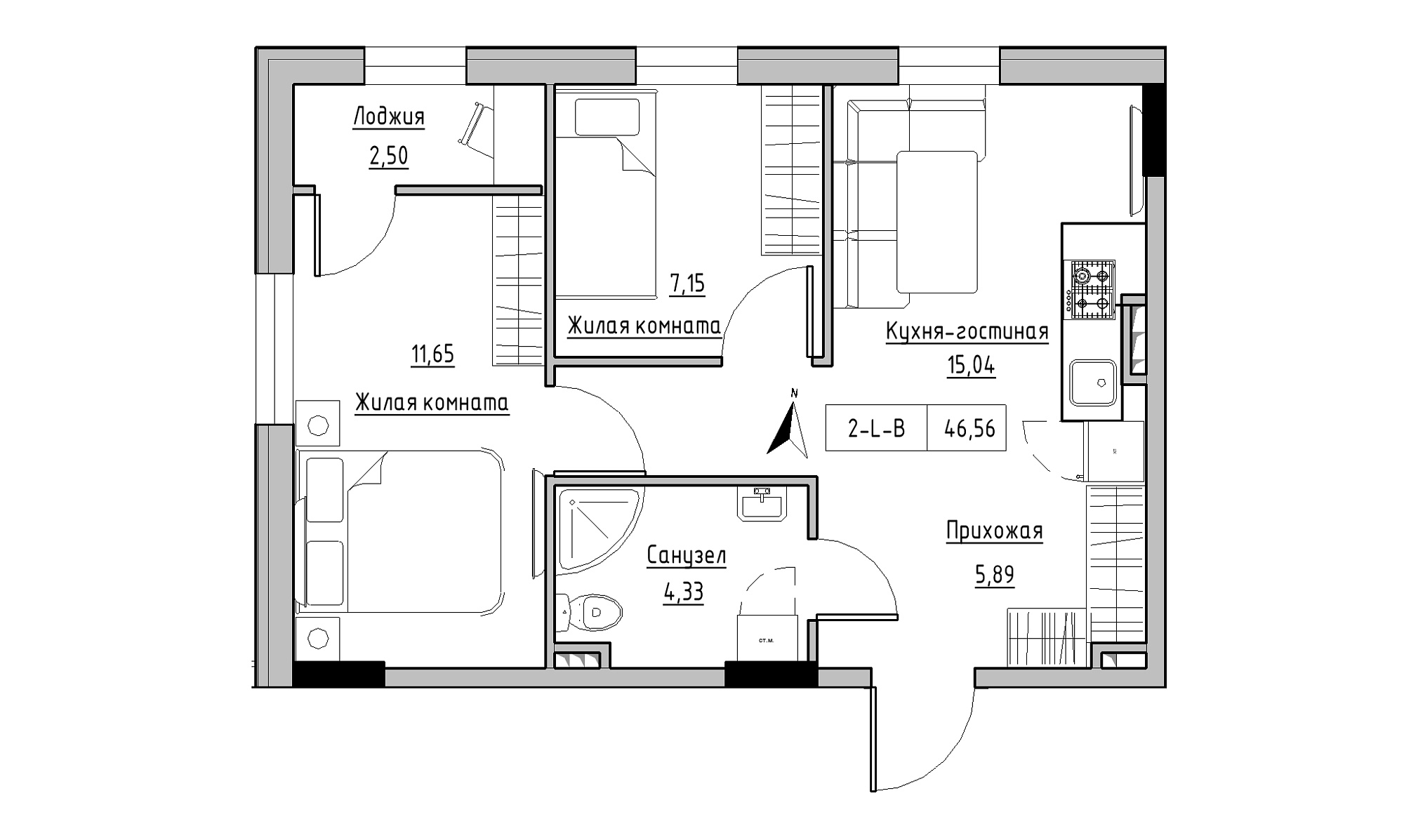 Планировка 2-к квартира площей 46.56м2, KS-025-02/0006.