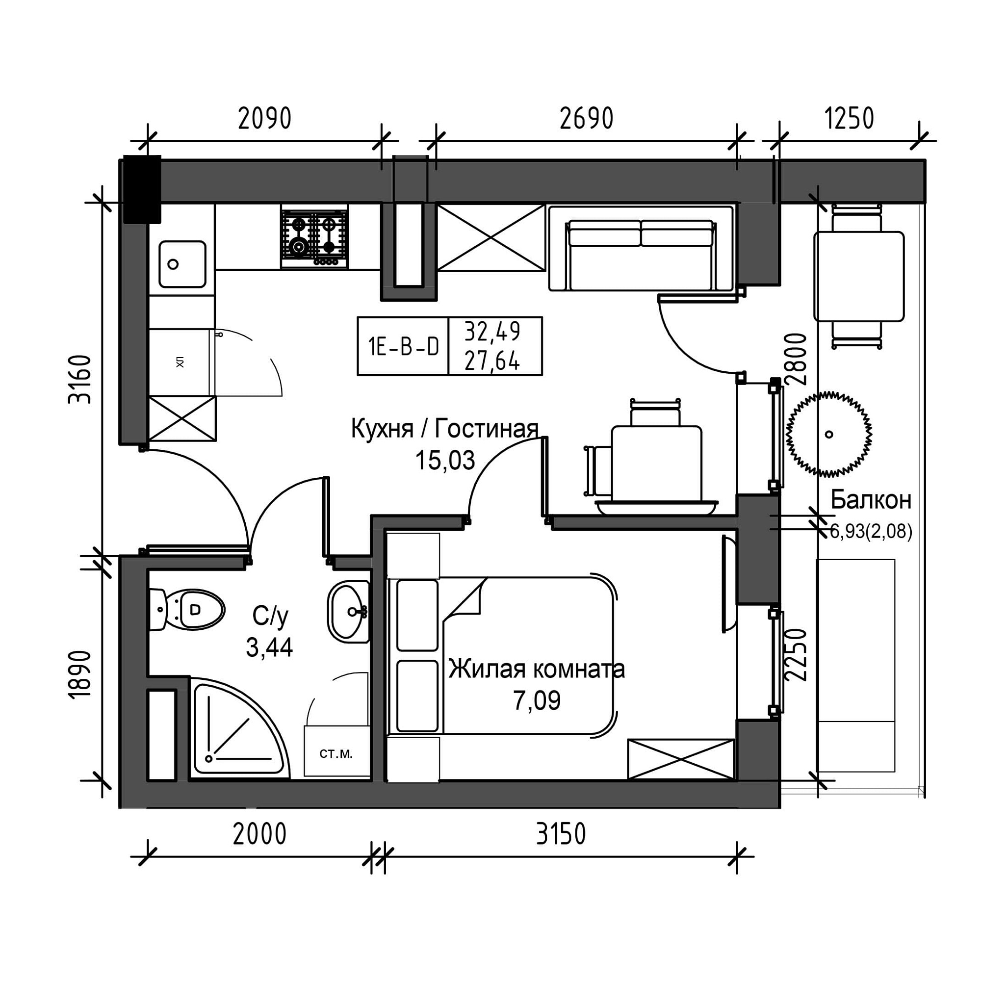 Планировка 1-к квартира площей 27.64м2, UM-001-06/0001.