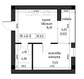 Планировка 1-к квартира площей 35.63м2, LR-002-05/0004.