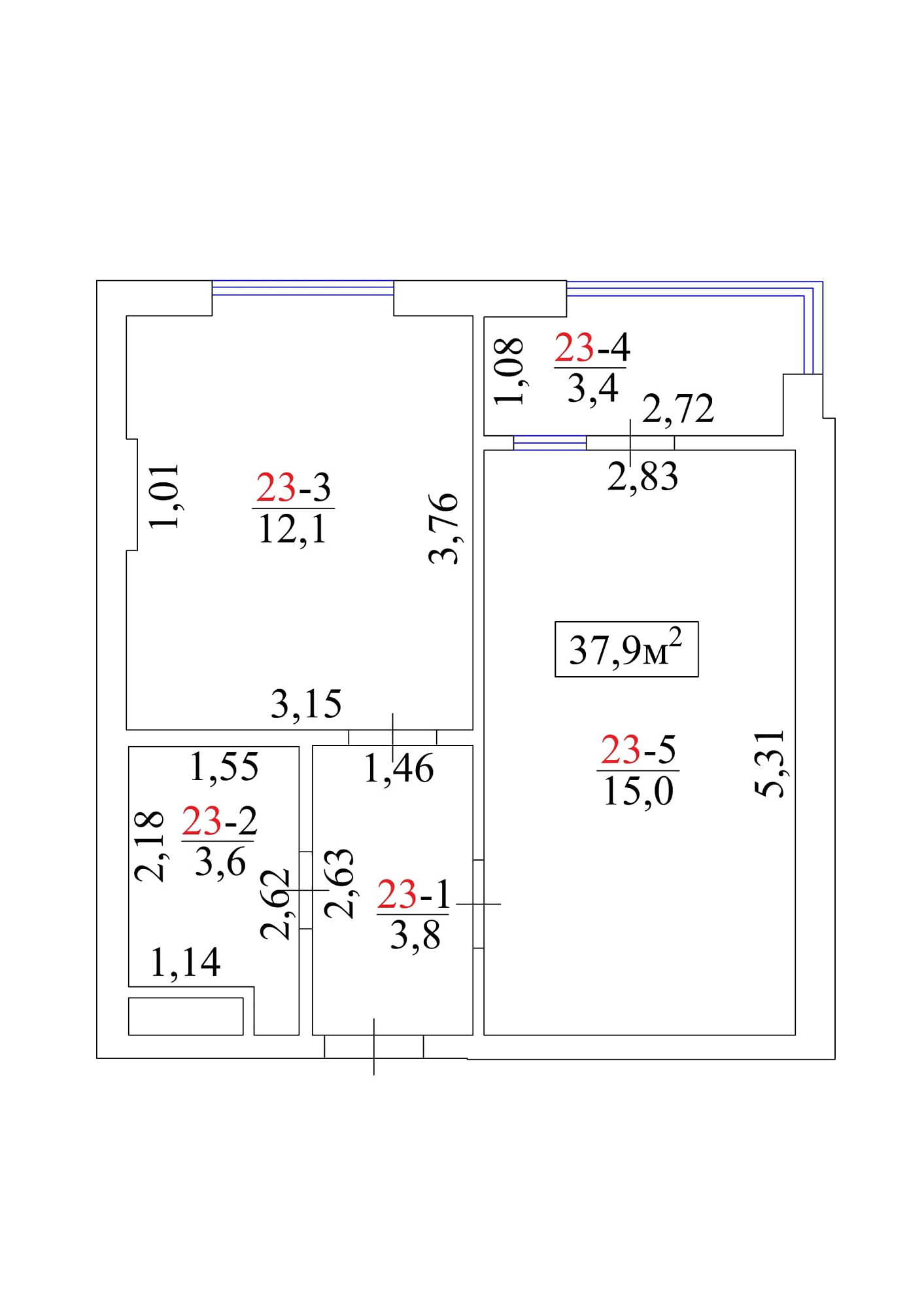 Планировка 1-к квартира площей 37.9м2, AB-01-03/0024а.