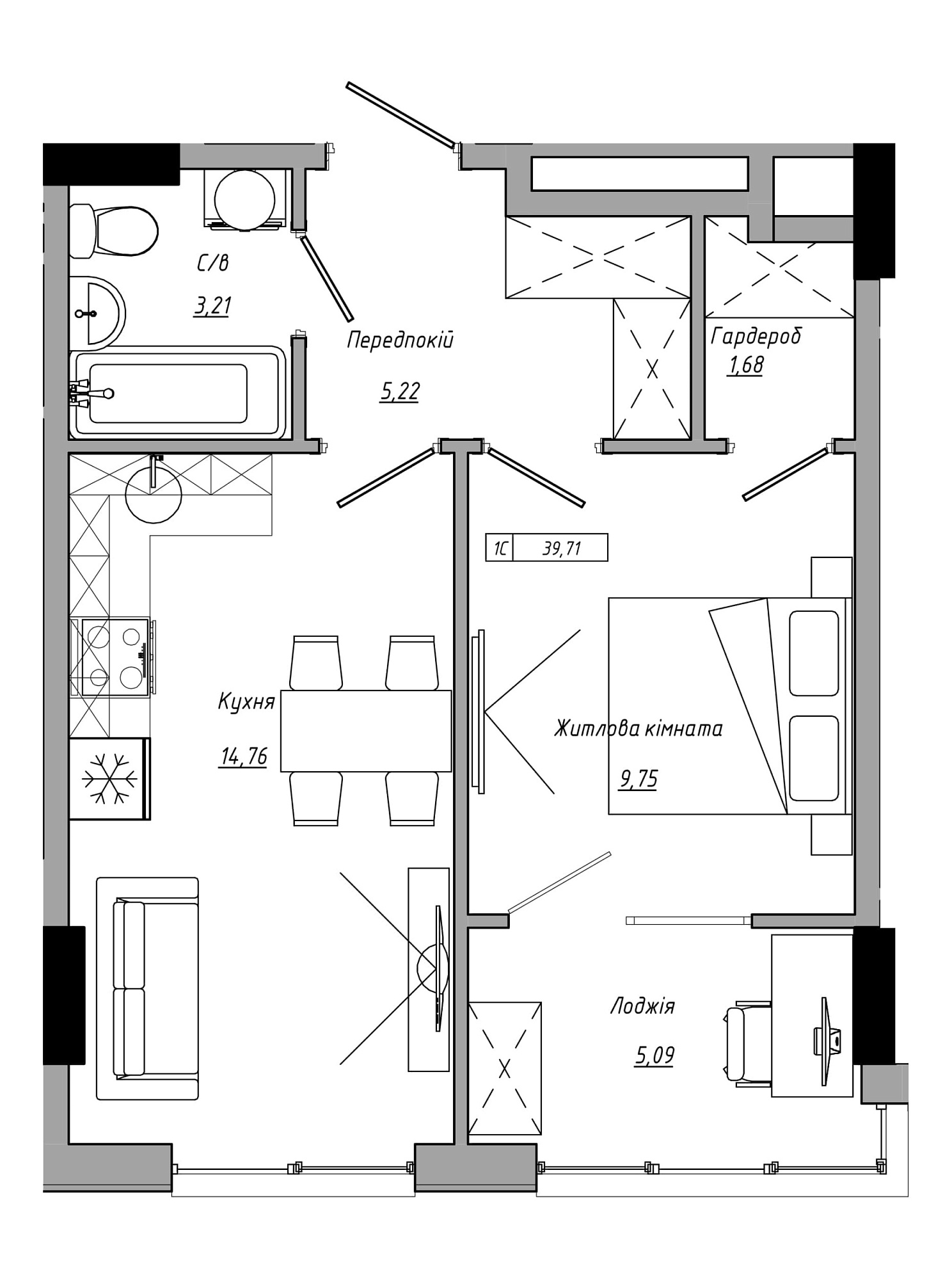 Планування 1-к квартира площею 39.71м2, AB-21-06/00021.