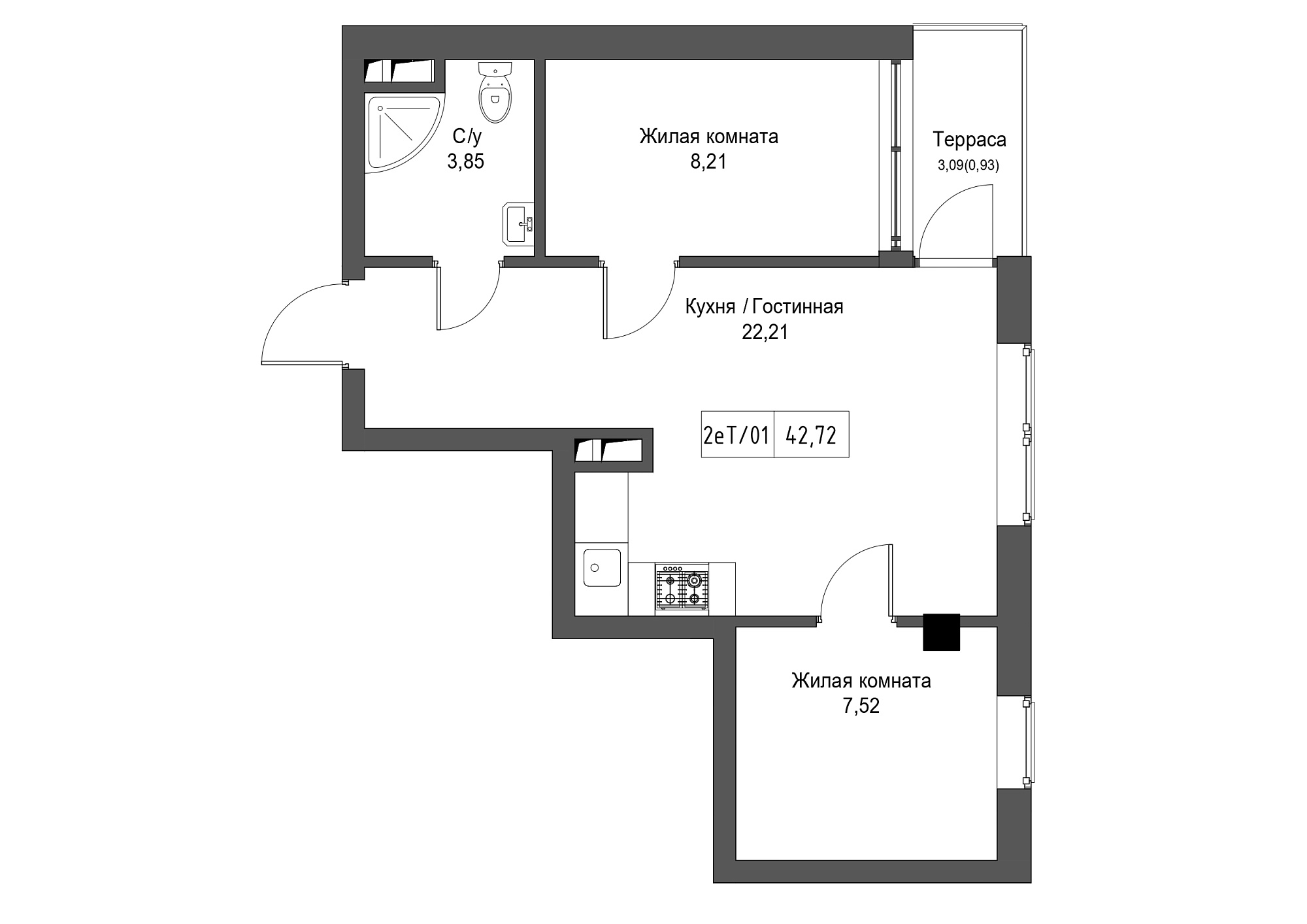 Планировка 2-к квартира площей 42.72м2, UM-002-02/0092.