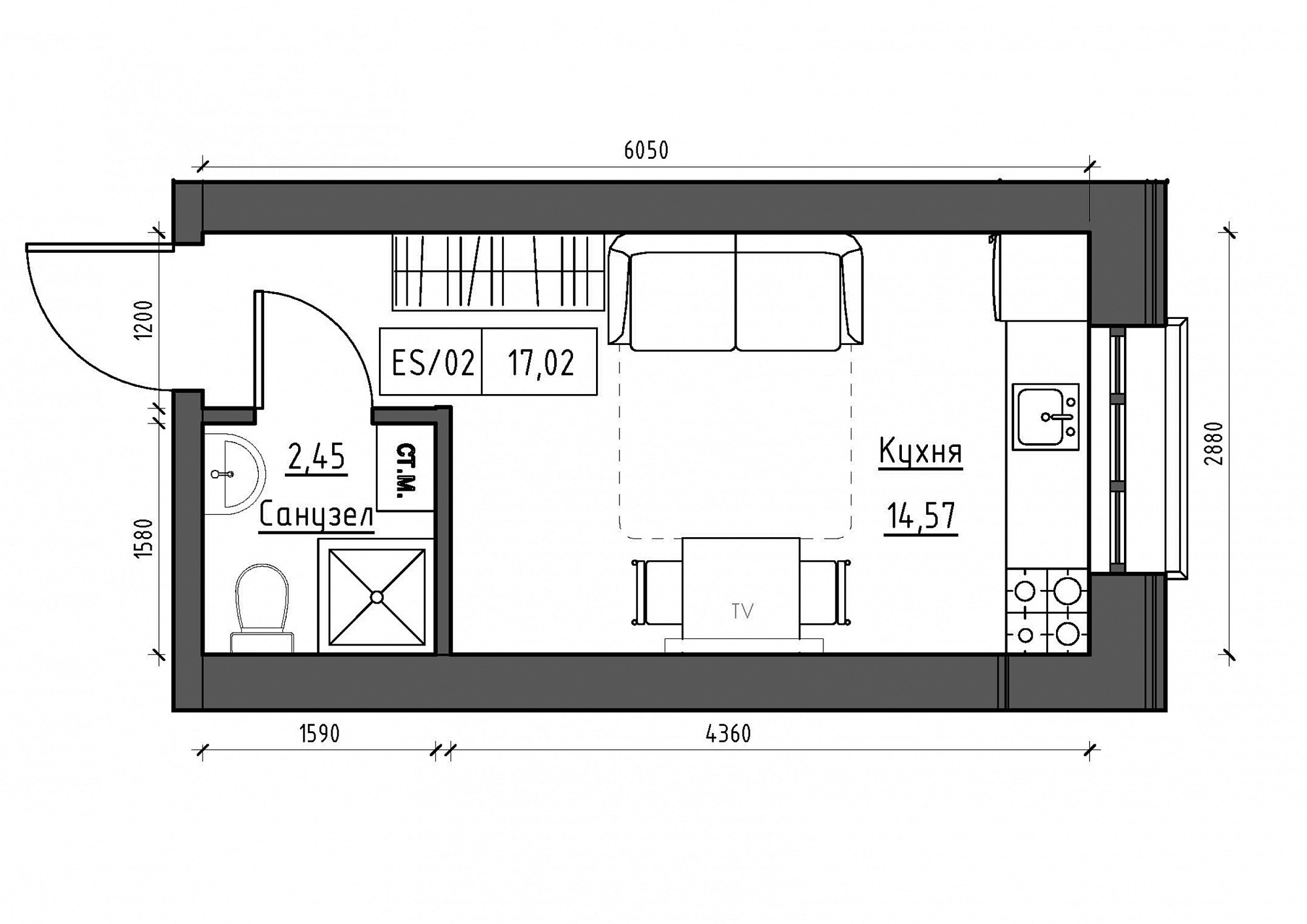 Планування Smart-квартира площею 17.02м2, KS-012-03/0014.
