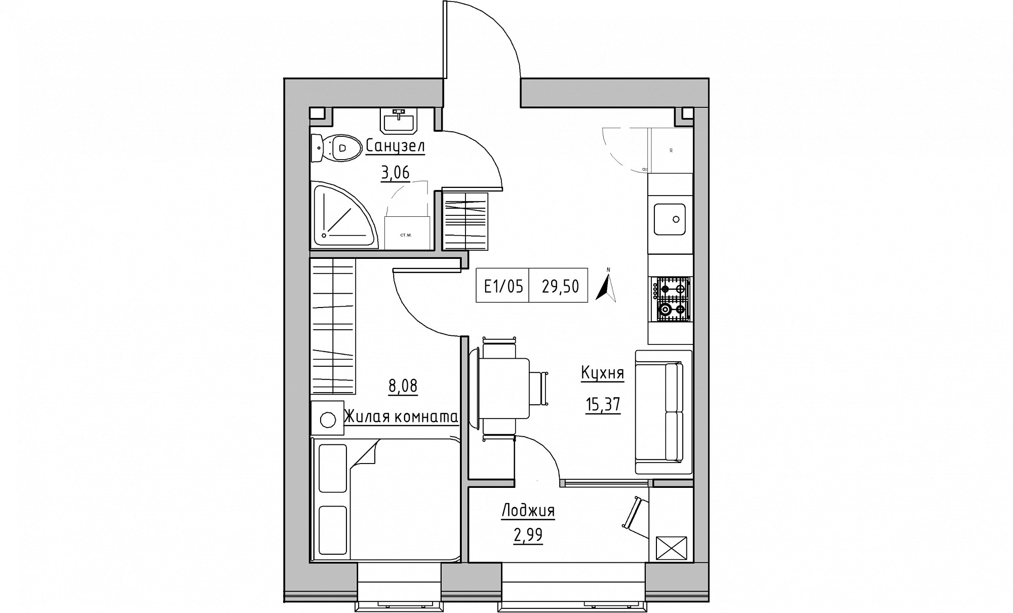 Планировка 1-к квартира площей 29.5м2, KS-015-01/0010.