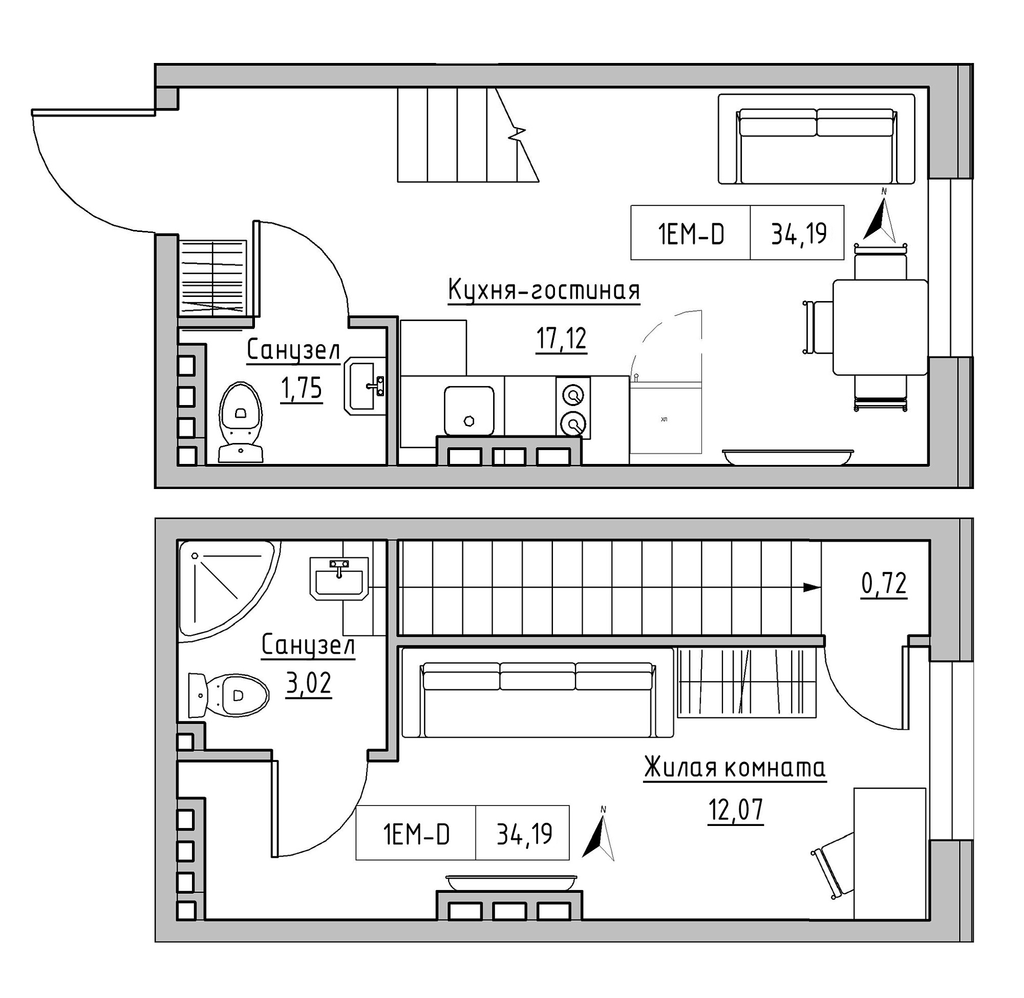 Planning 2-lvl flats area 34.19m2, KS-024-03/0016.