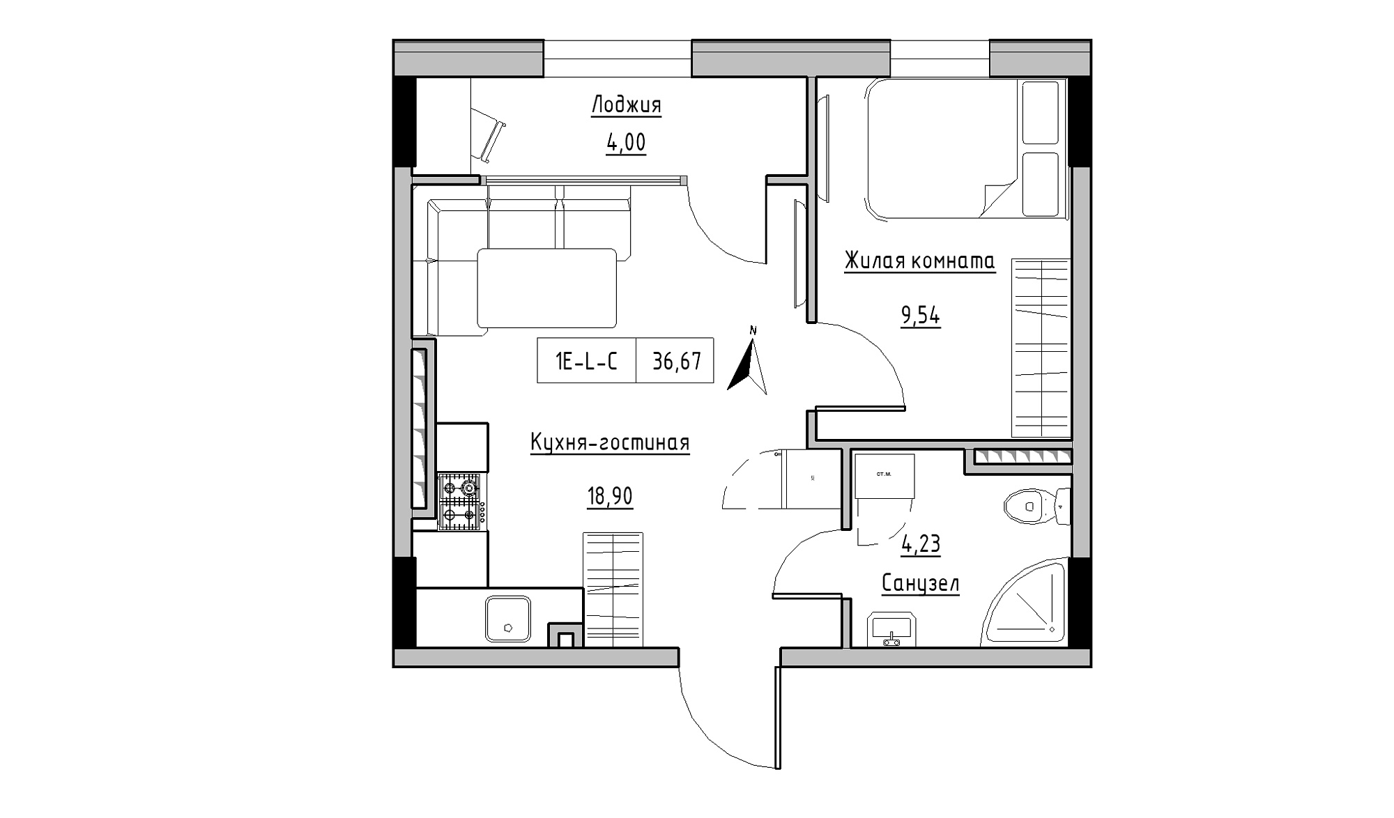Планировка 1-к квартира площей 36.67м2, KS-025-05/0008.