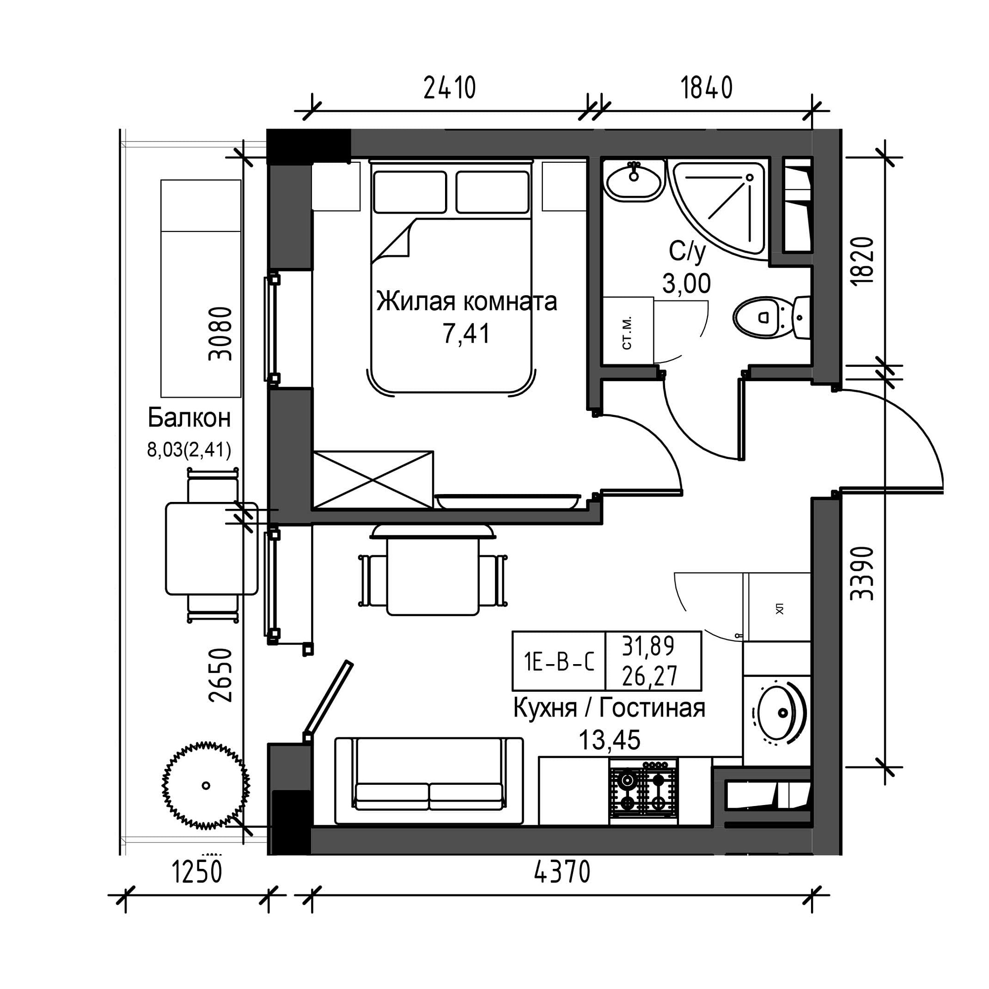 Планировка 1-к квартира площей 26.27м2, UM-001-08/0015.