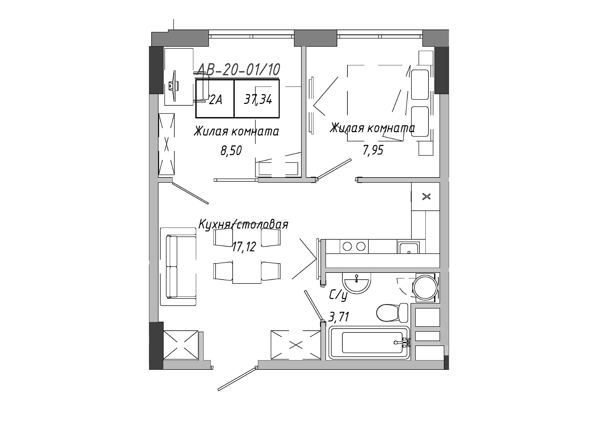 Планування 2-к квартира площею 37.34м2, AB-20-01/00010.