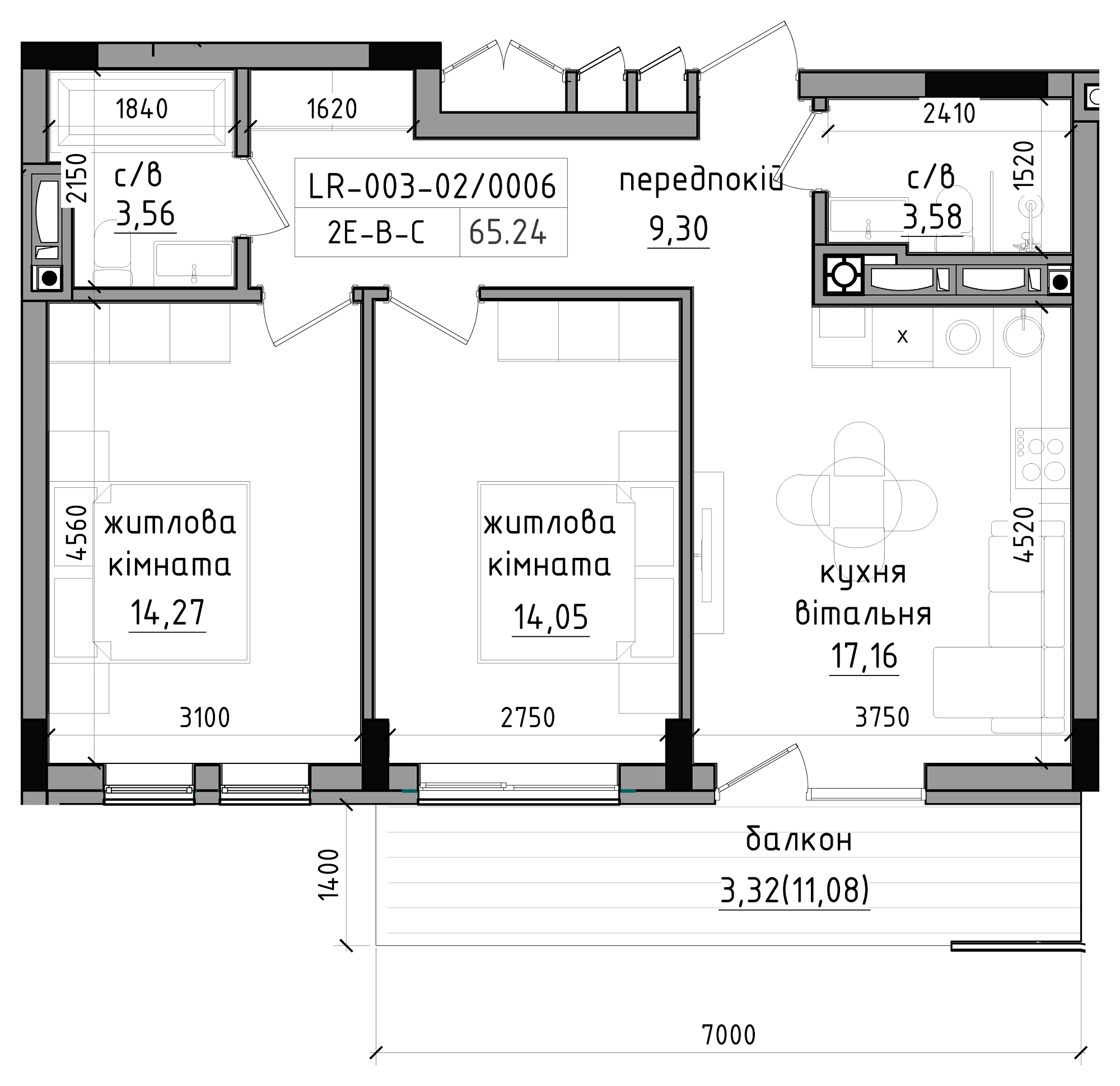 Planning 2-rm flats area 65.24m2, LR-003-02/0006.