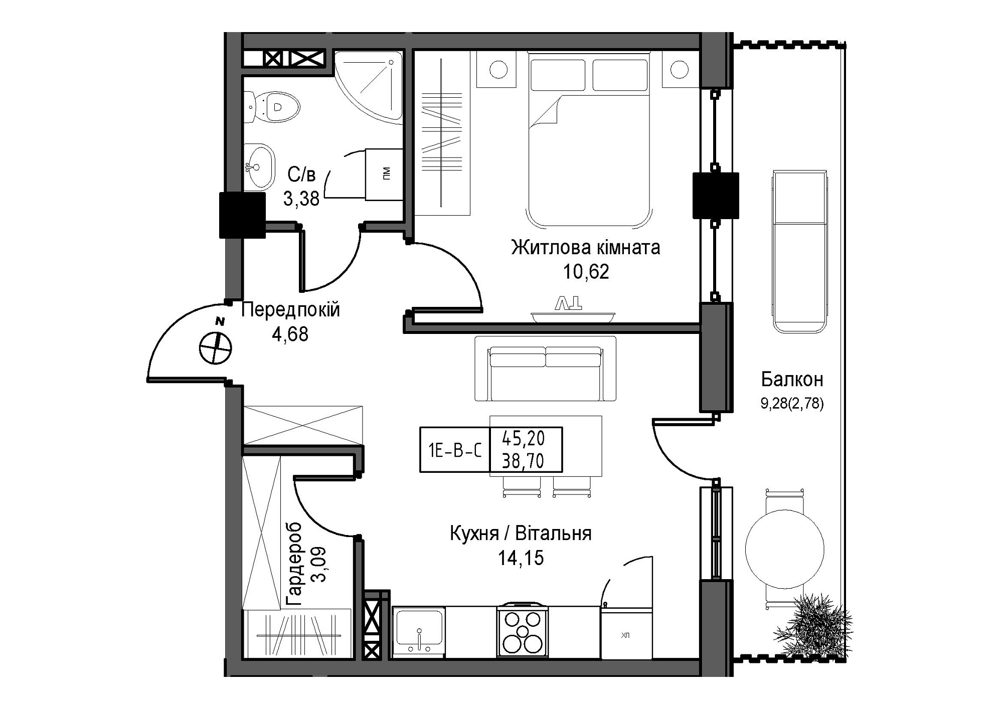 Планування 1-к квартира площею 38.7м2, UM-007-12/0006.