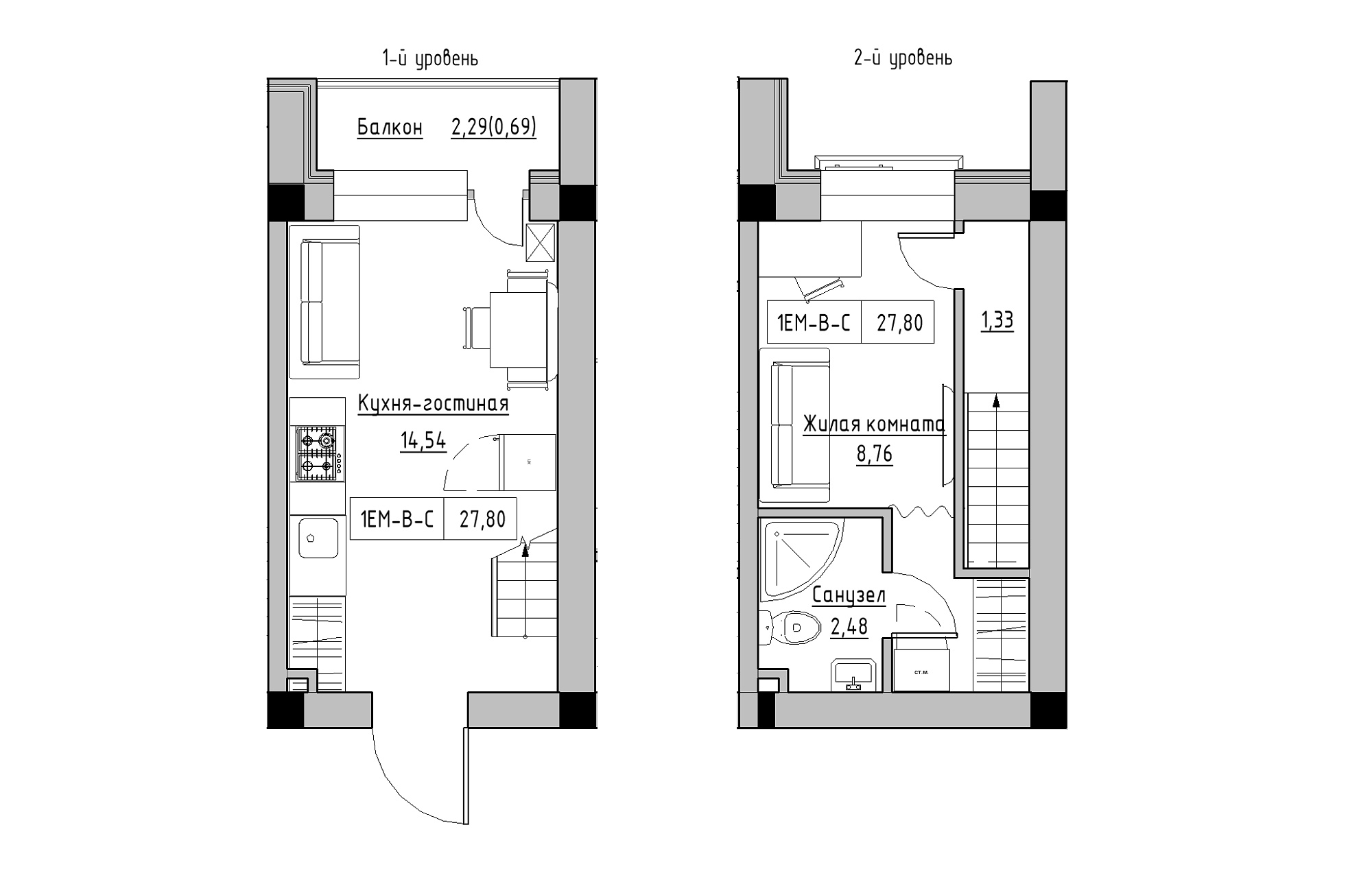 Planning 2-lvl flats area 27.8m2, KS-018-05/0010.