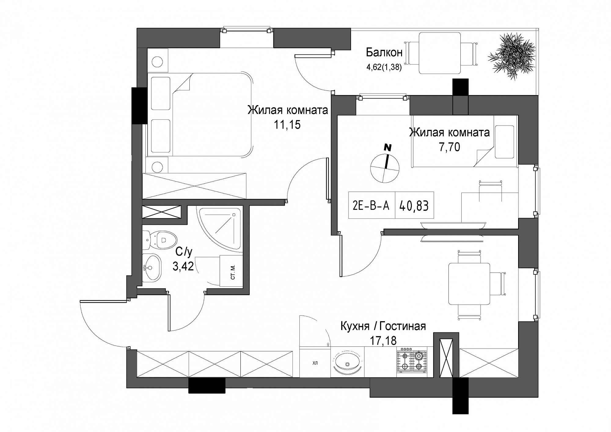 Планування 2-к квартира площею 40.83м2, UM-004-08/0005.