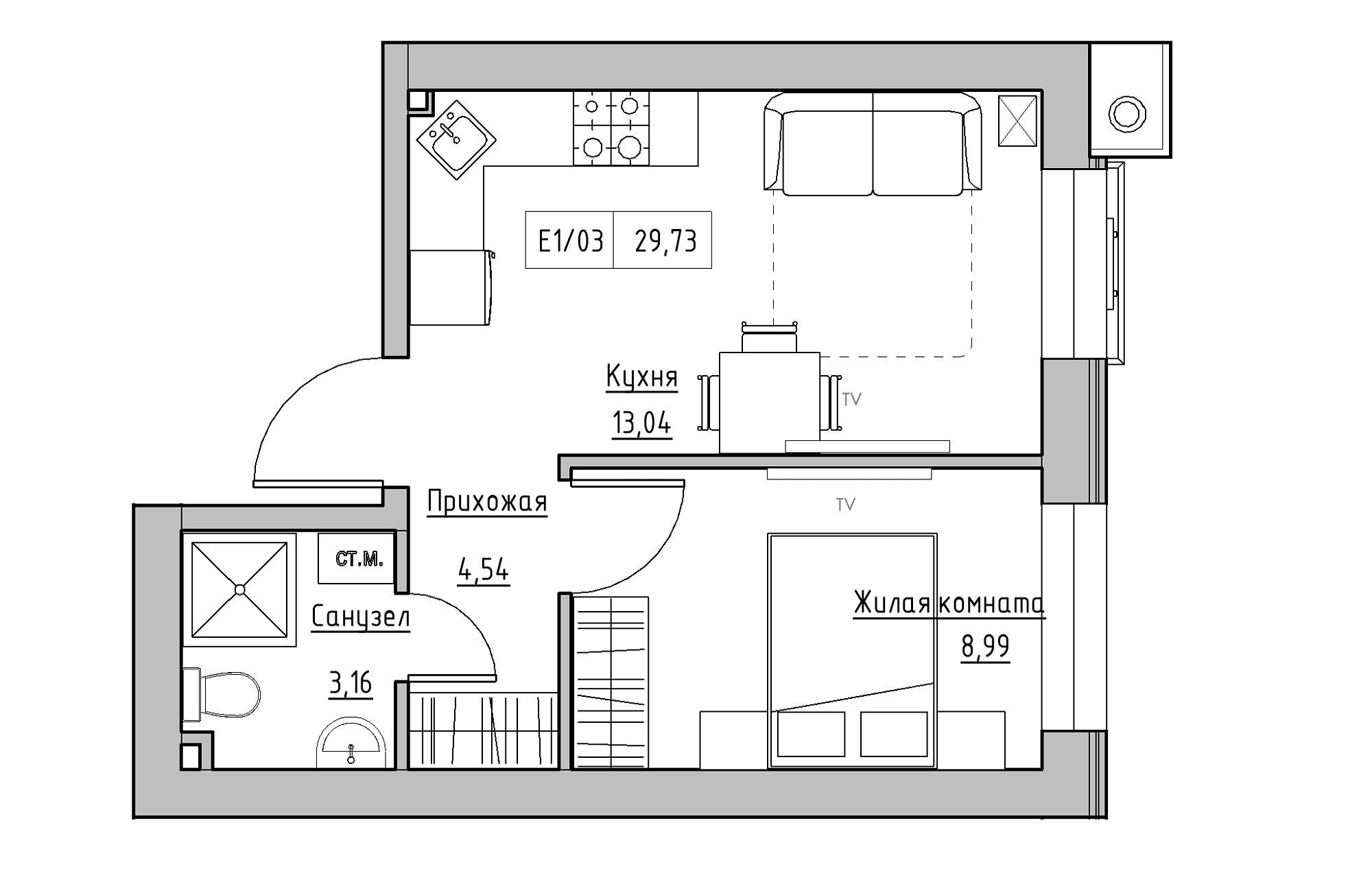 Planning 1-rm flats area 29.73m2, KS-013-01/0002.