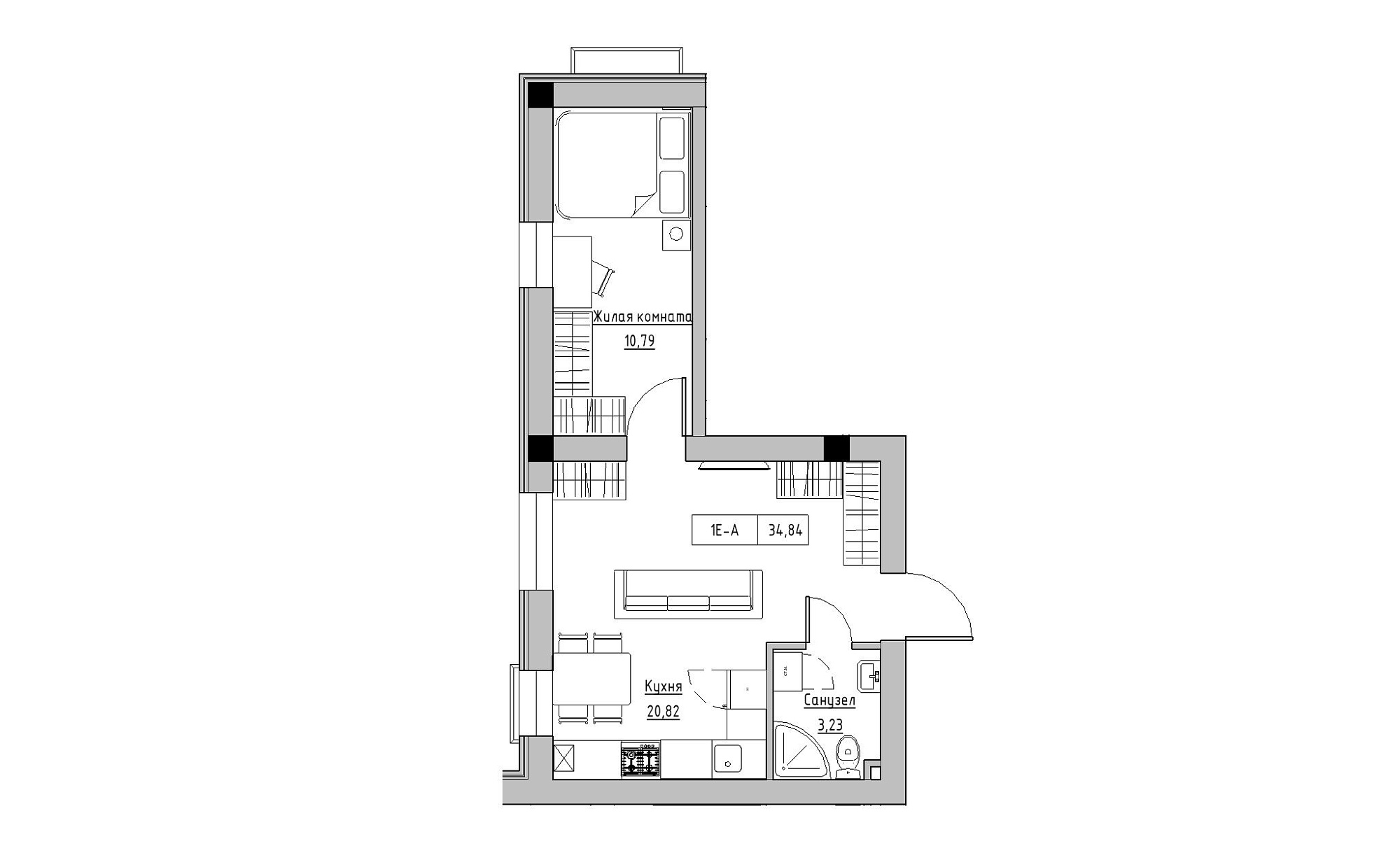Планування 1-к квартира площею 34.84м2, KS-021-01/0005.