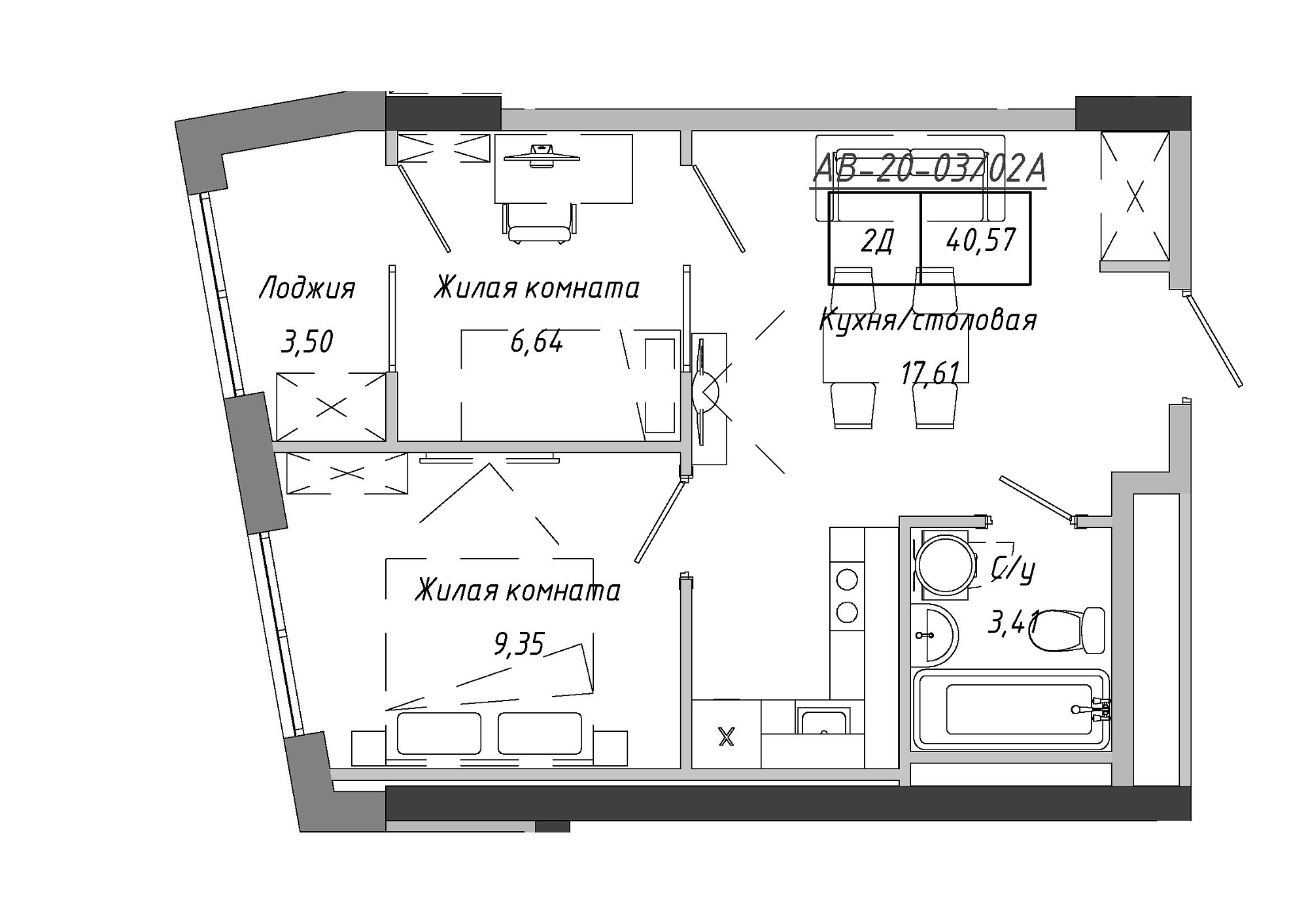 Планування 2-к квартира площею 40.57м2, AB-20-03/0002а.