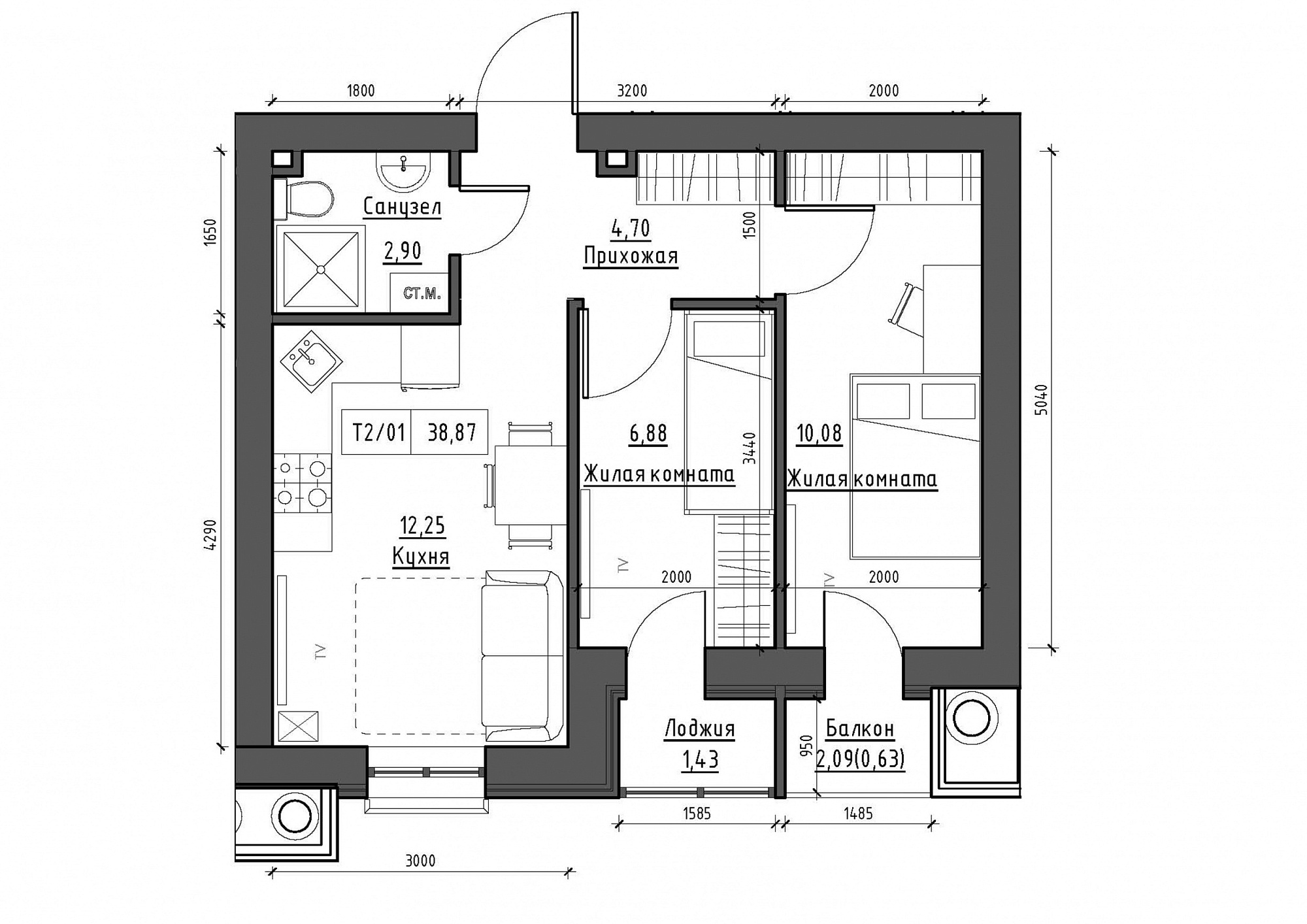 Planning 2-rm flats area 38.87m2, KS-012-02/0005.