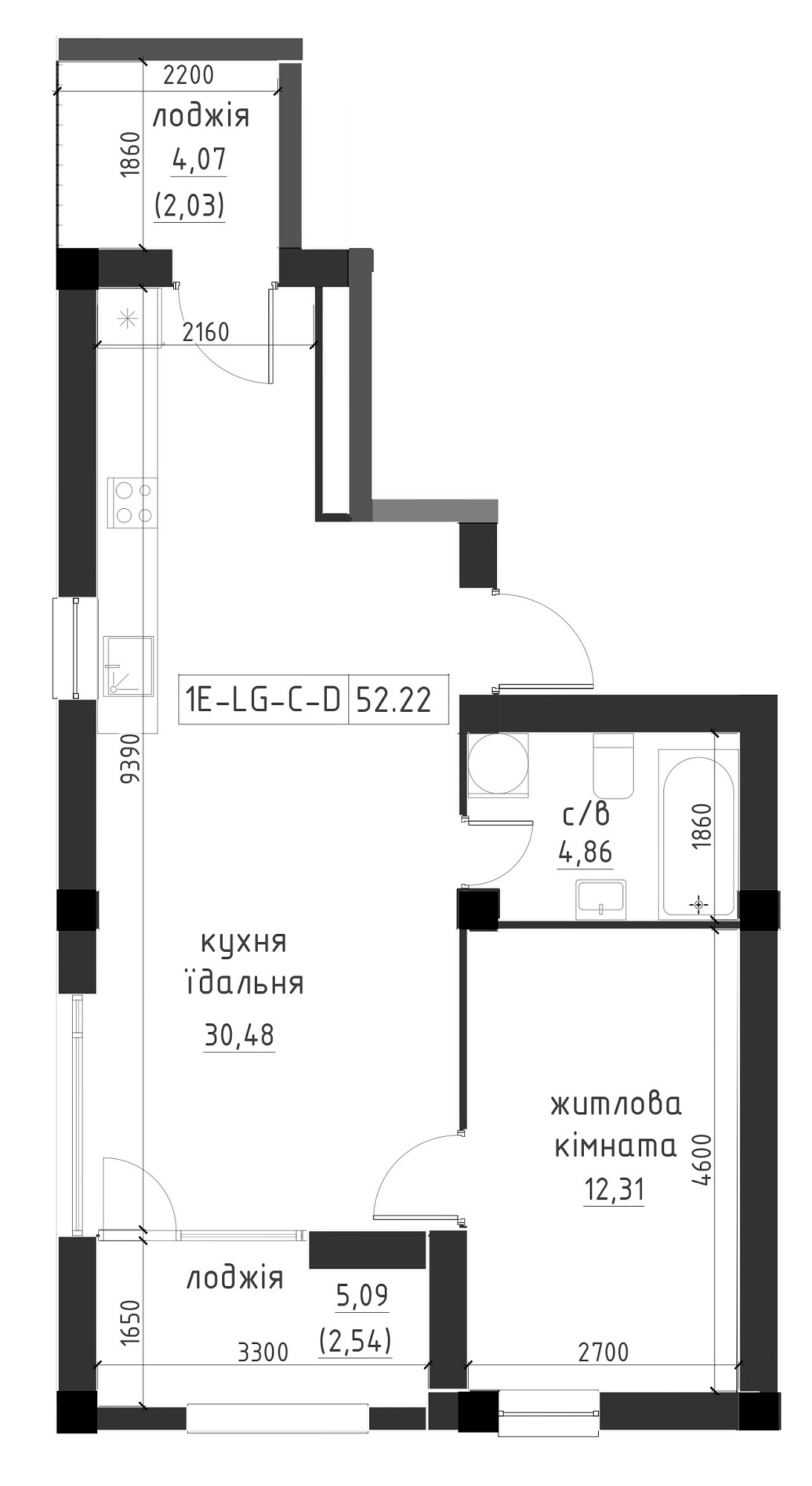 Планировка 2-к квартира площей 38.35м2, LR-002-08/0001.