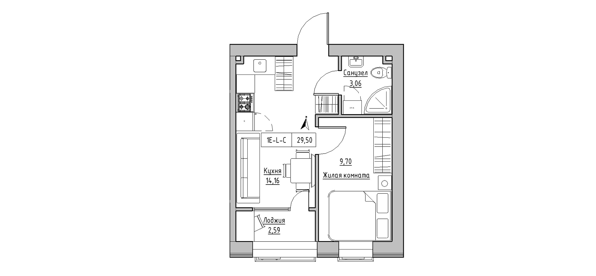 Планування 1-к квартира площею 29.5м2, KS-020-02/0006.
