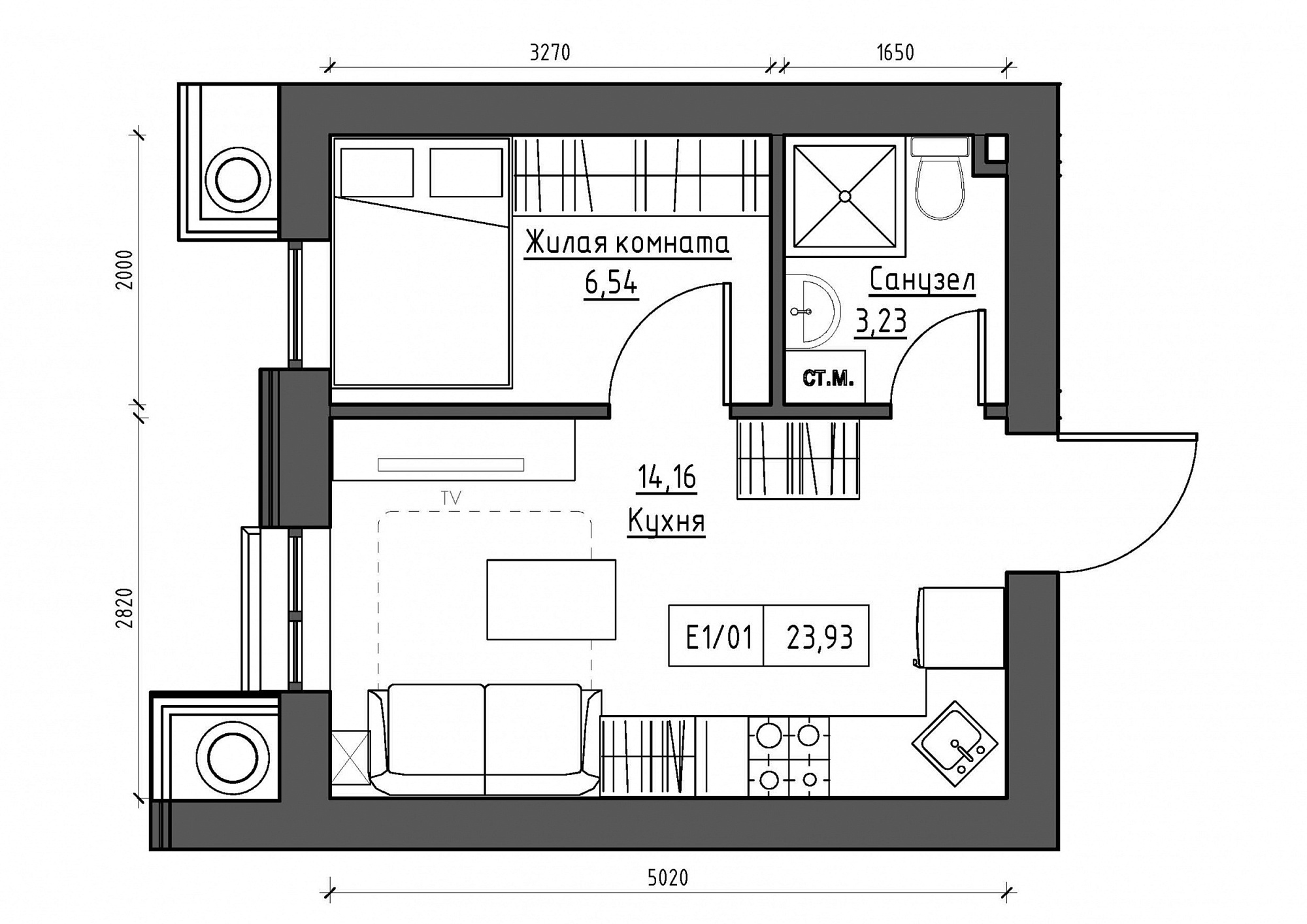 Планировка 1-к квартира площей 23.93м2, KS-012-03/0012.