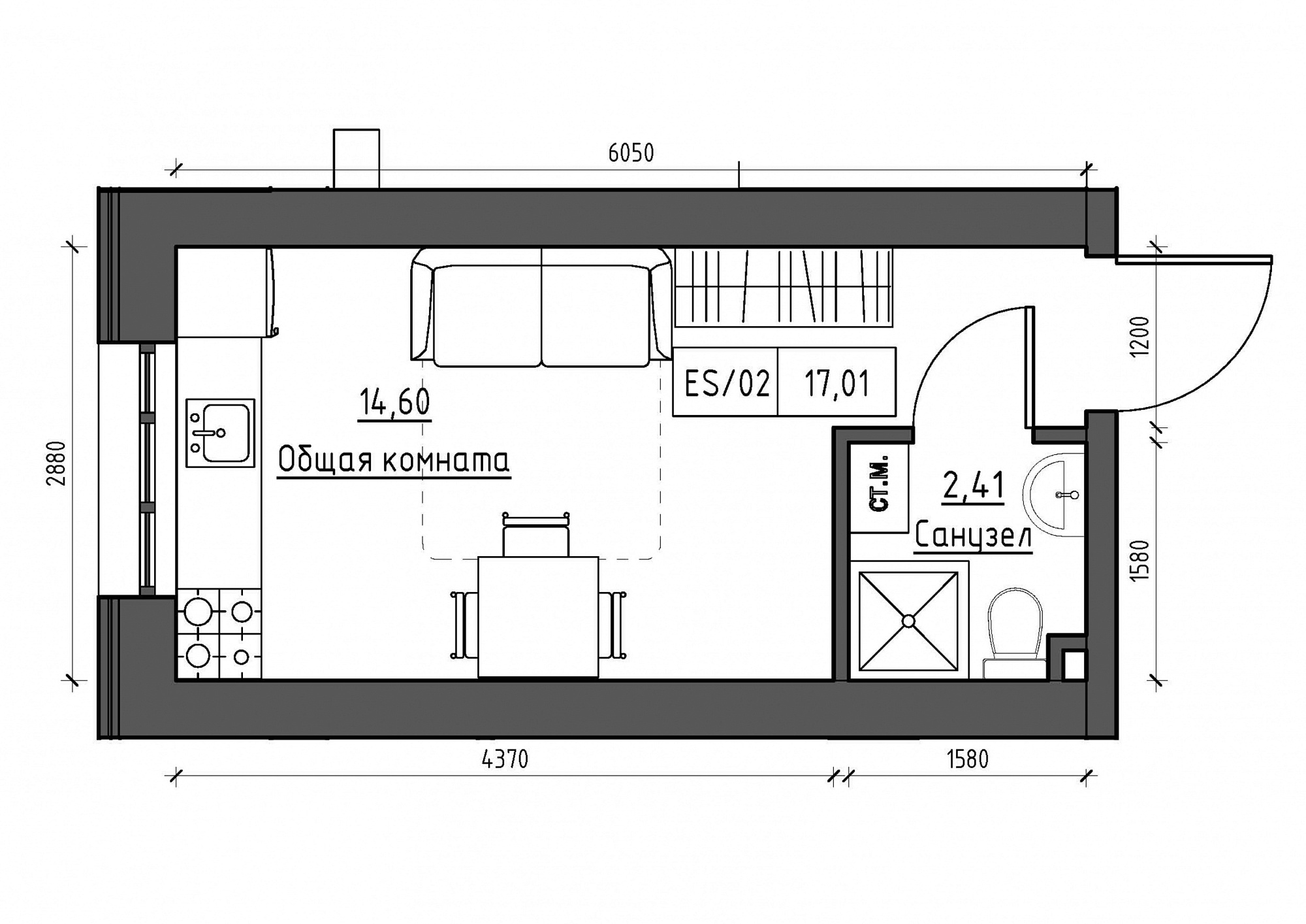 Planning Smart flats area 17.01m2, KS-011-01/0002.