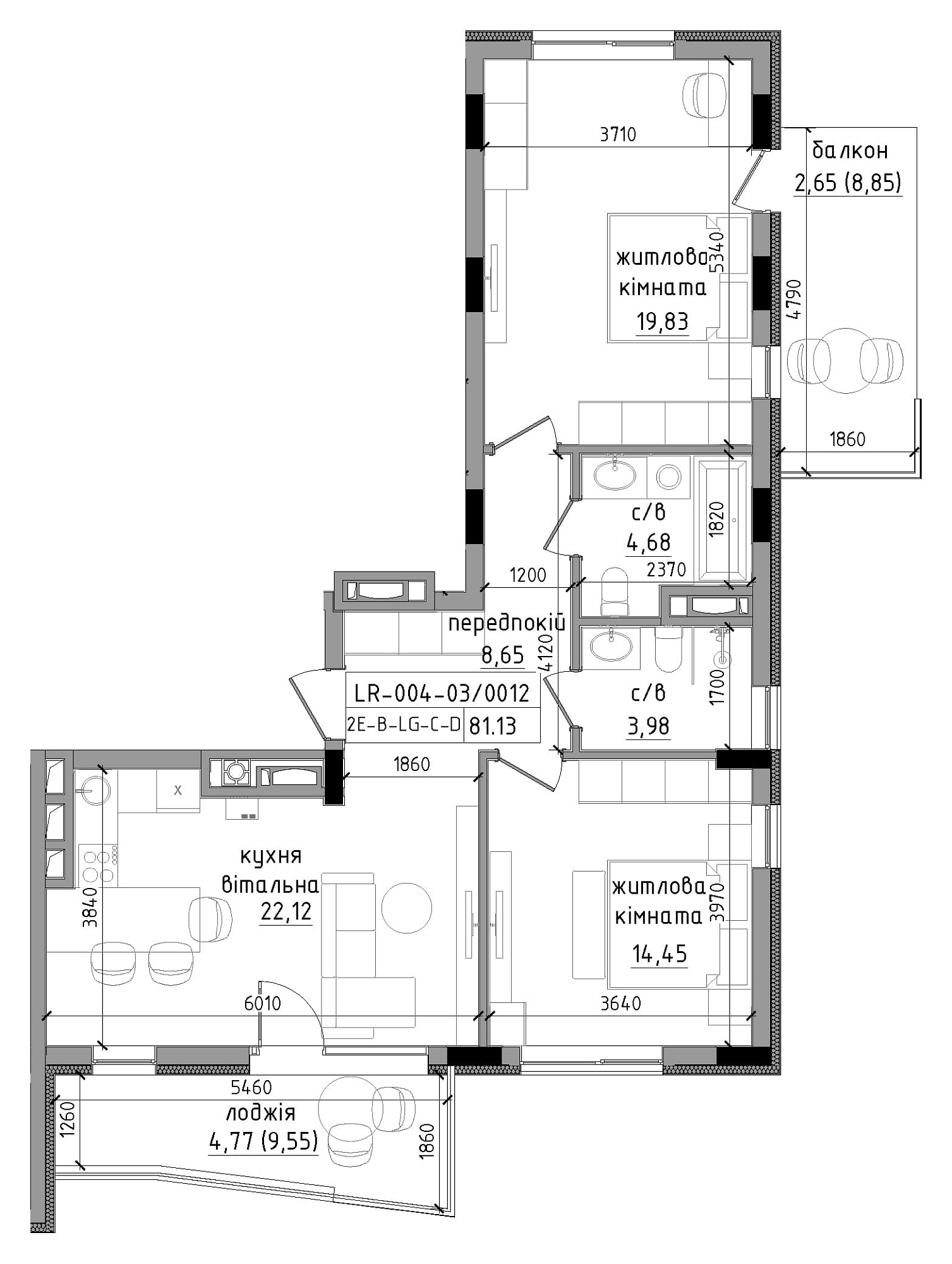 Планування 2-к квартира площею 81.13м2, LR-004-03/0012.