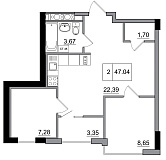 Планування 2-к квартира площею 47.04м2, a60c6b84-700d-11e9-8131-00155d42e30e.