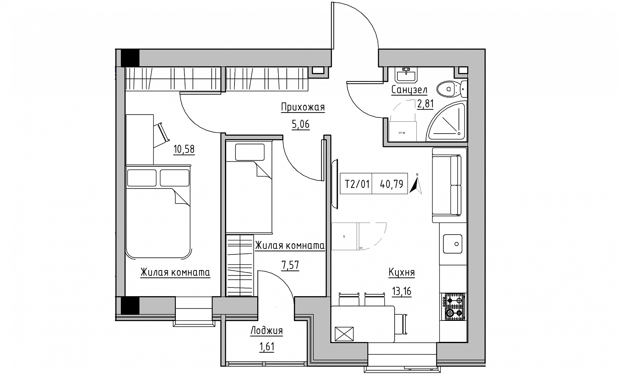 Планування 2-к квартира площею 40.79м2, KS-015-01/0011.