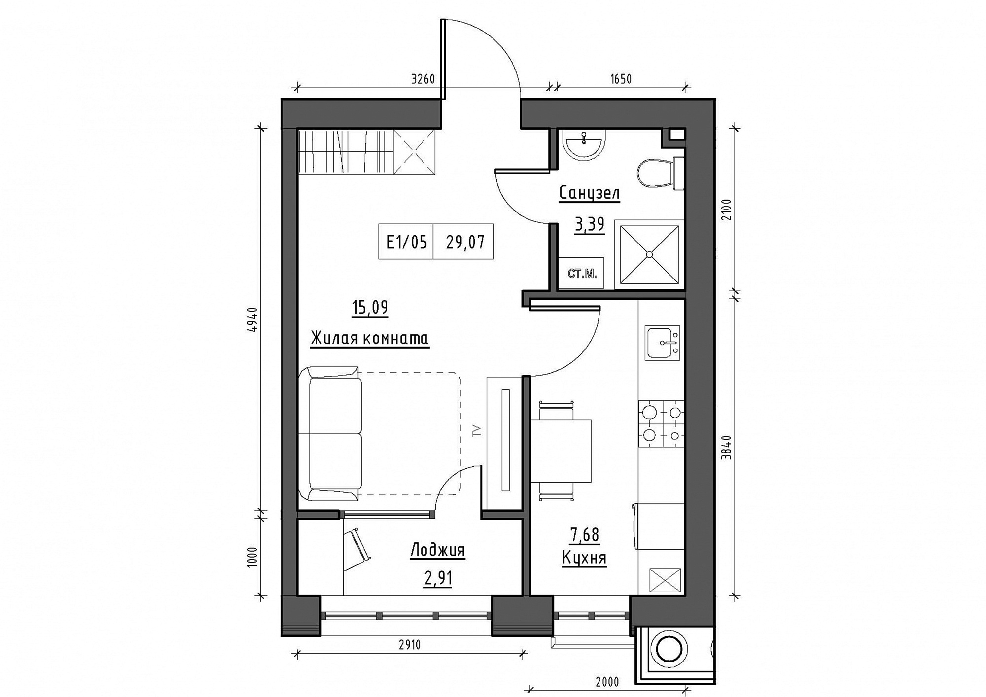 Планування 1-к квартира площею 29.07м2, KS-011-02/0009.