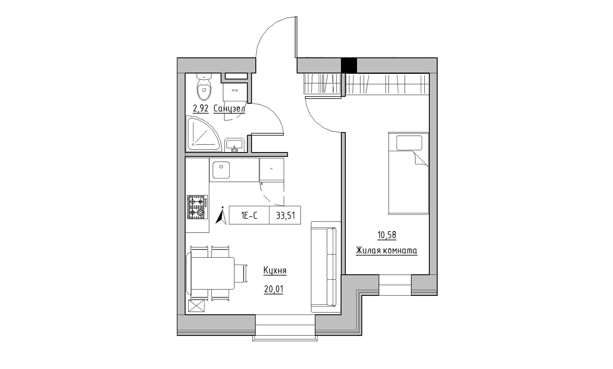 Планування 1-к квартира площею 33.51м2, KS-023-01/0009.