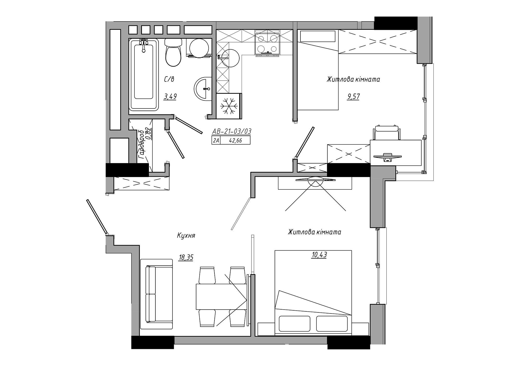 Планування 2-к квартира площею 42.66м2, AB-21-03/00003.