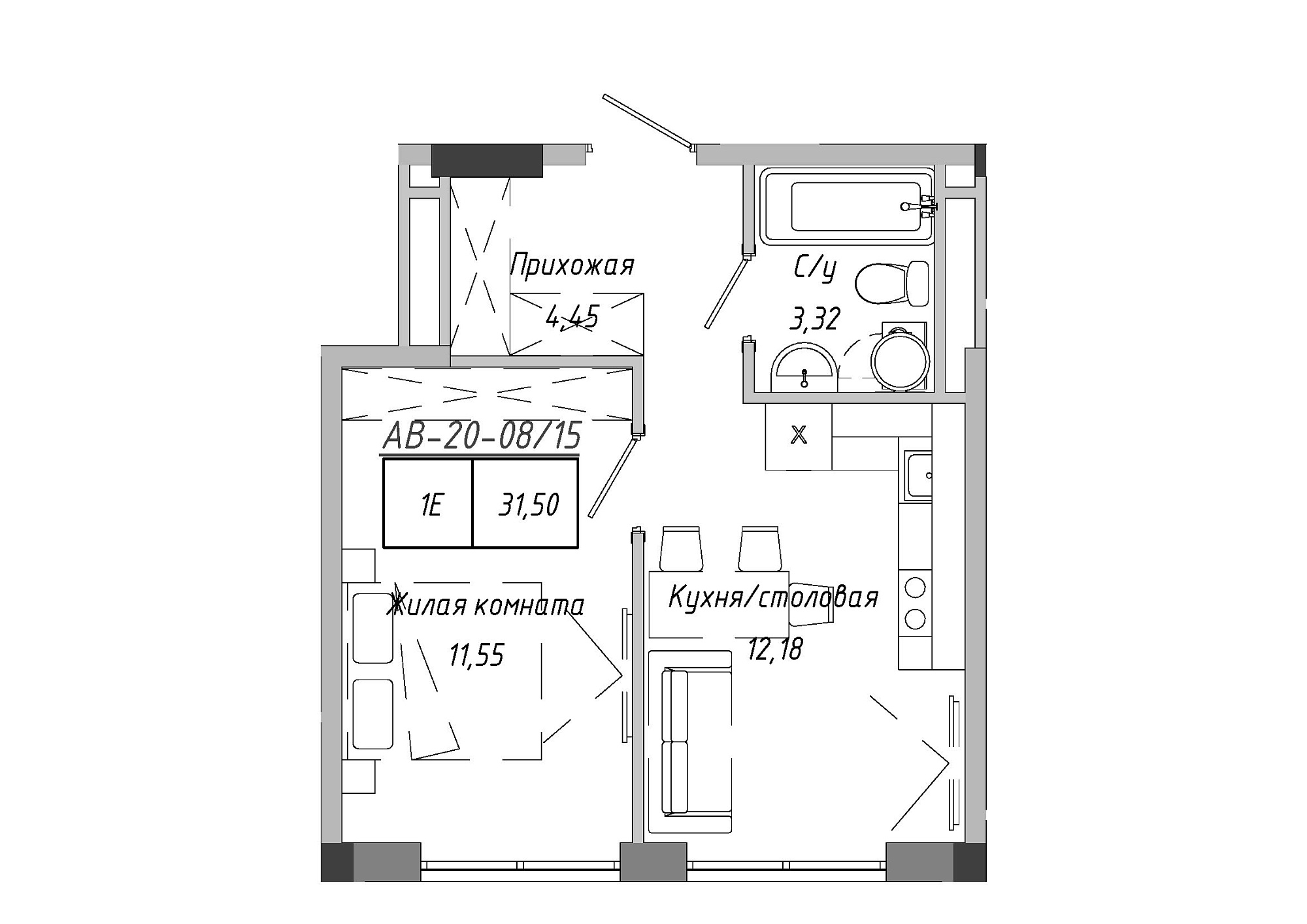Планировка 1-к квартира площей 31.51м2, AB-20-08/00015.