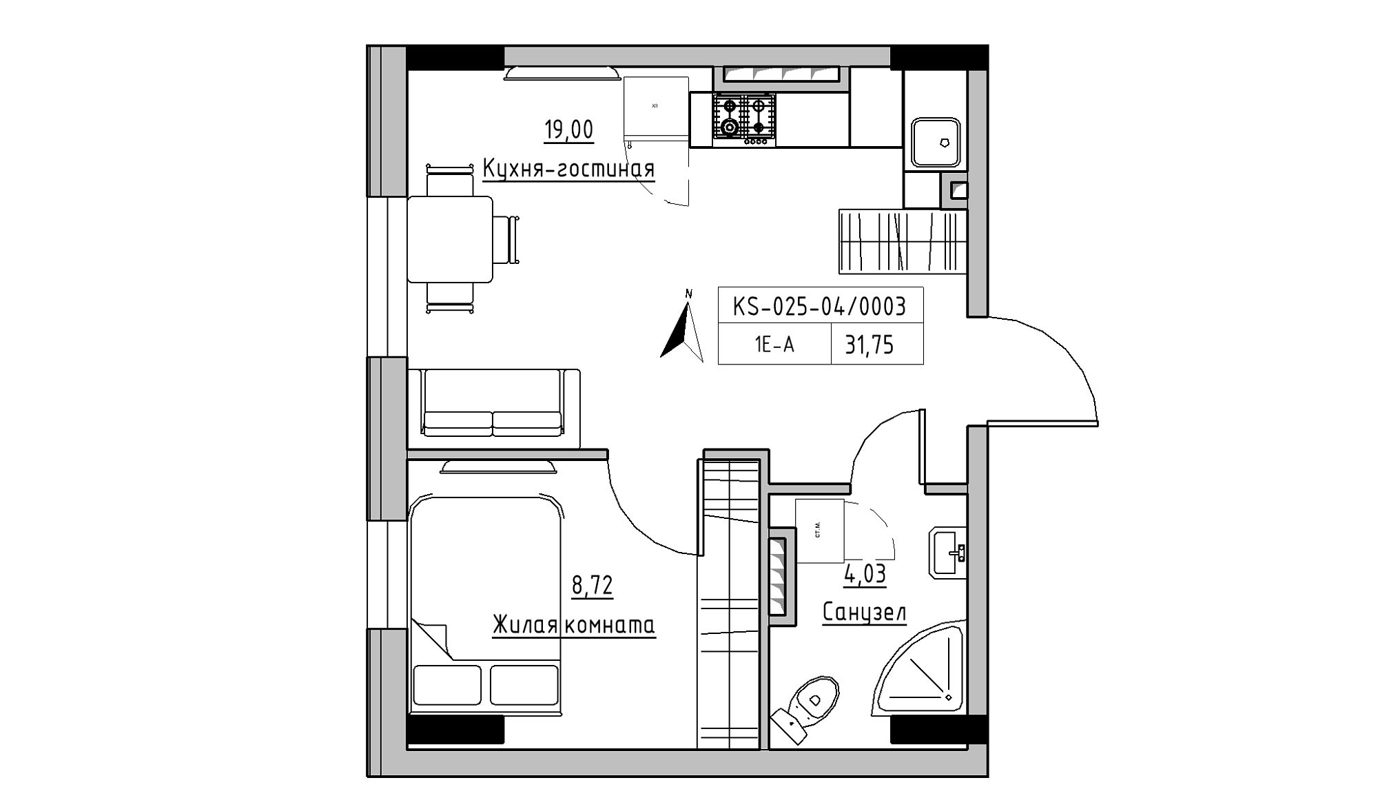 Планування 1-к квартира площею 31.75м2, KS-025-04/0003.