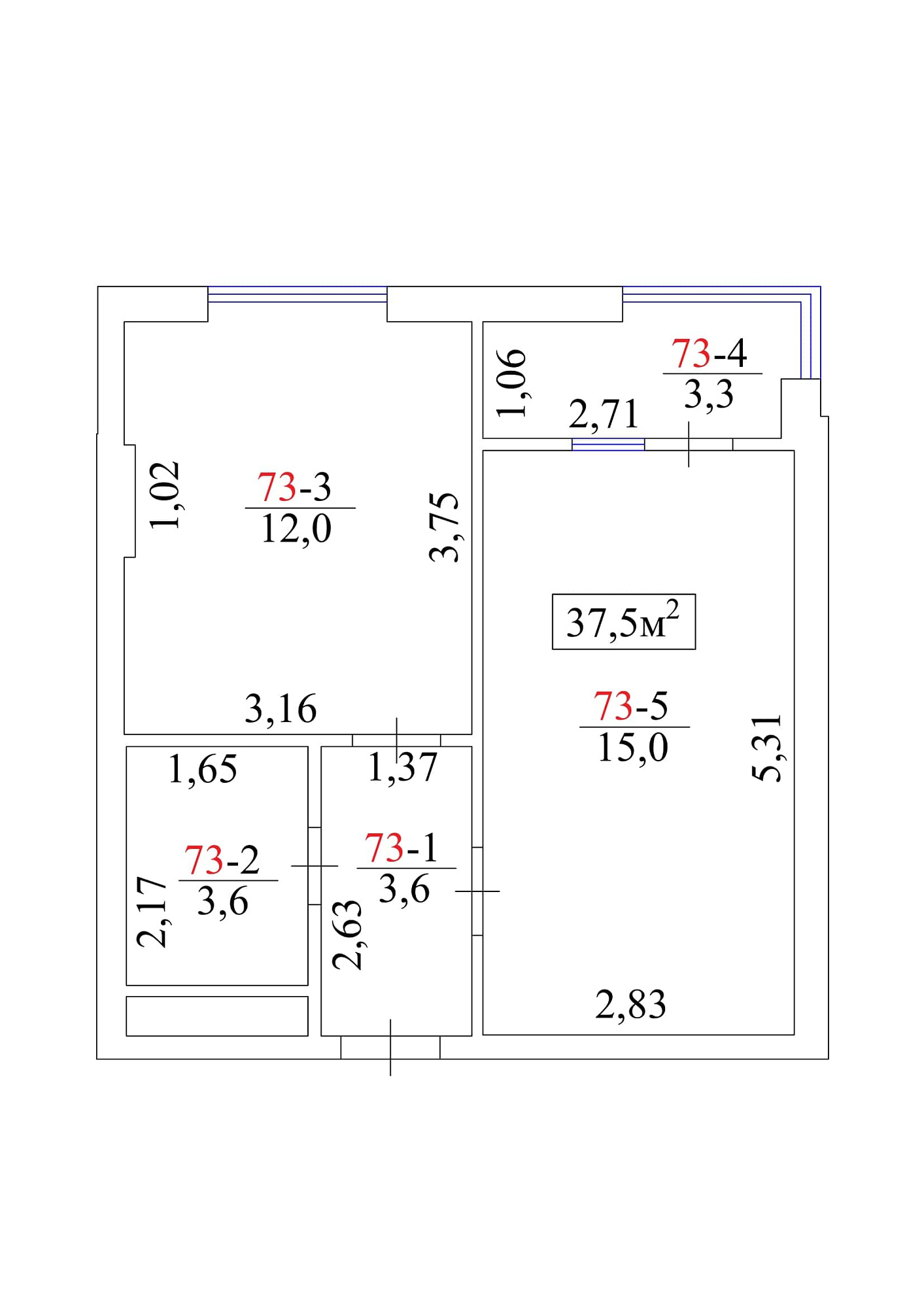 Планировка 1-к квартира площей 37.5м2, AB-01-08/0069а.