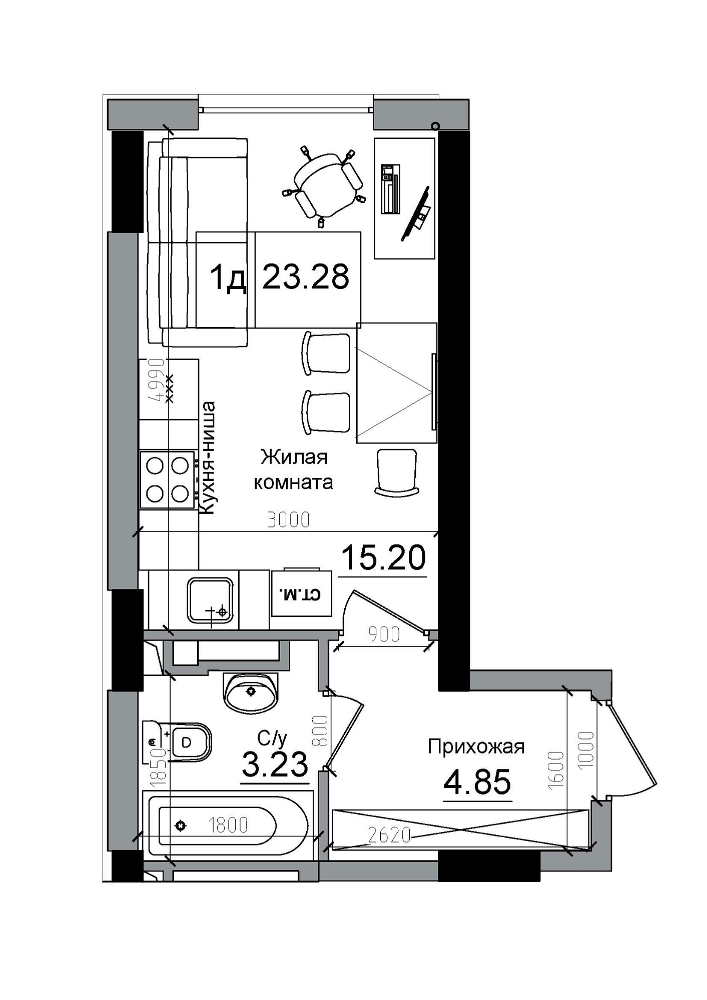Планування Smart-квартира площею 23.28м2, AB-12-04/00005.