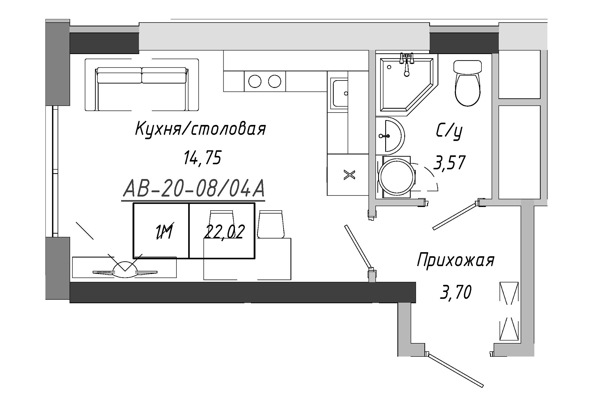 Планування Smart-квартира площею 21.3м2, AB-20-08/0004а.
