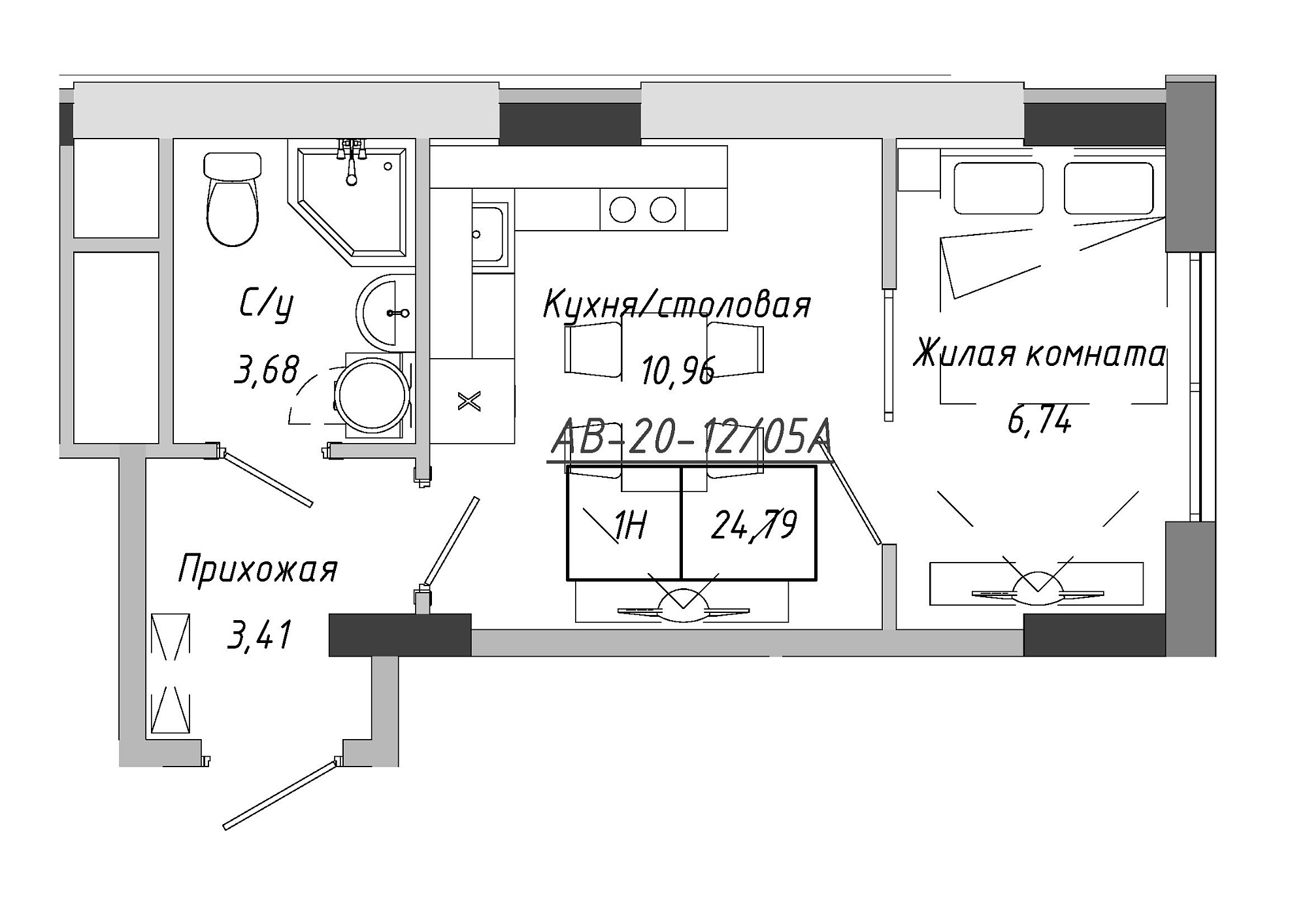 Планировка 1-к квартира площей 24.41м2, AB-20-12/0005а.