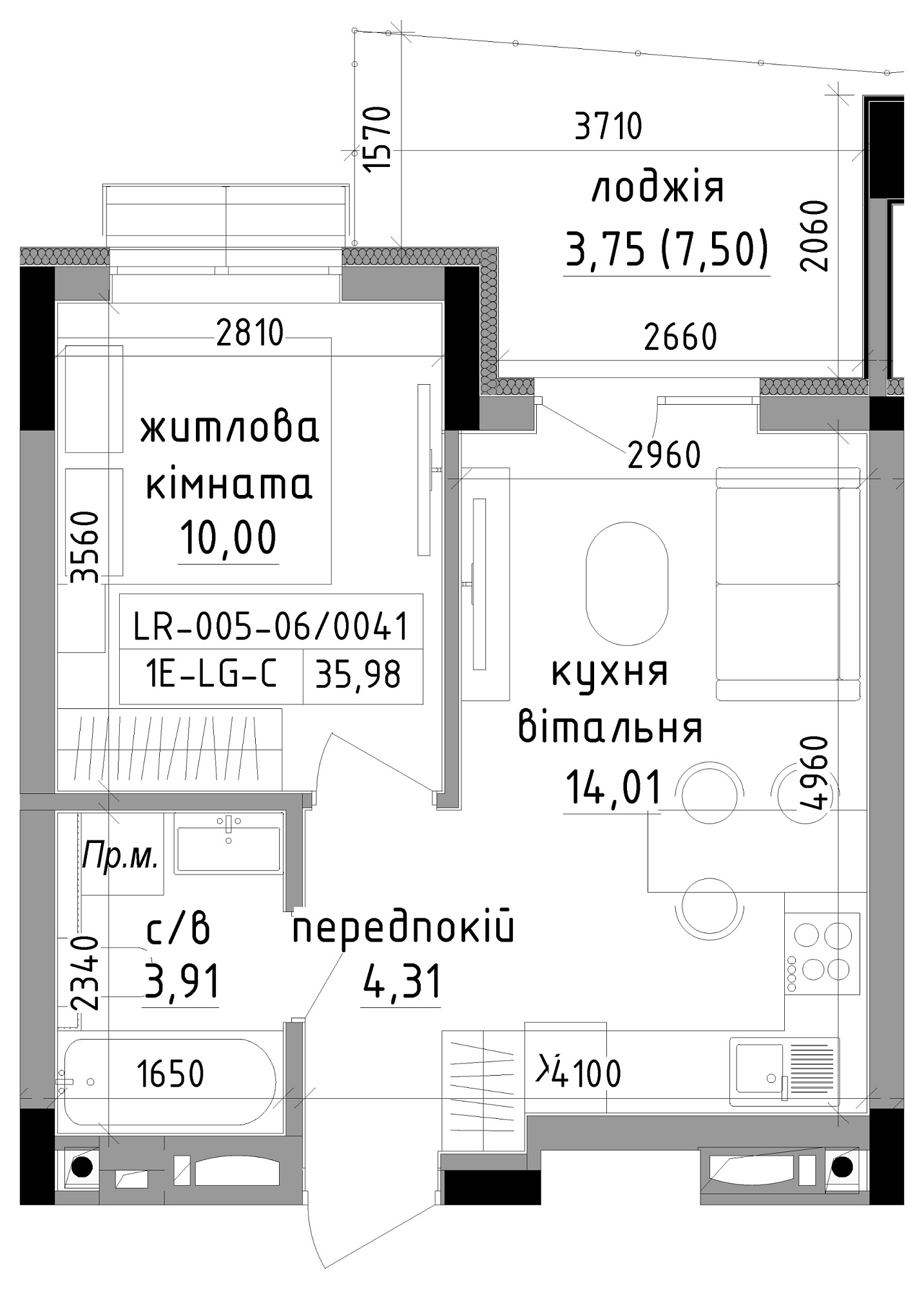 Планировка 1-к квартира площей 35.98м2, LR-005-06/0041.