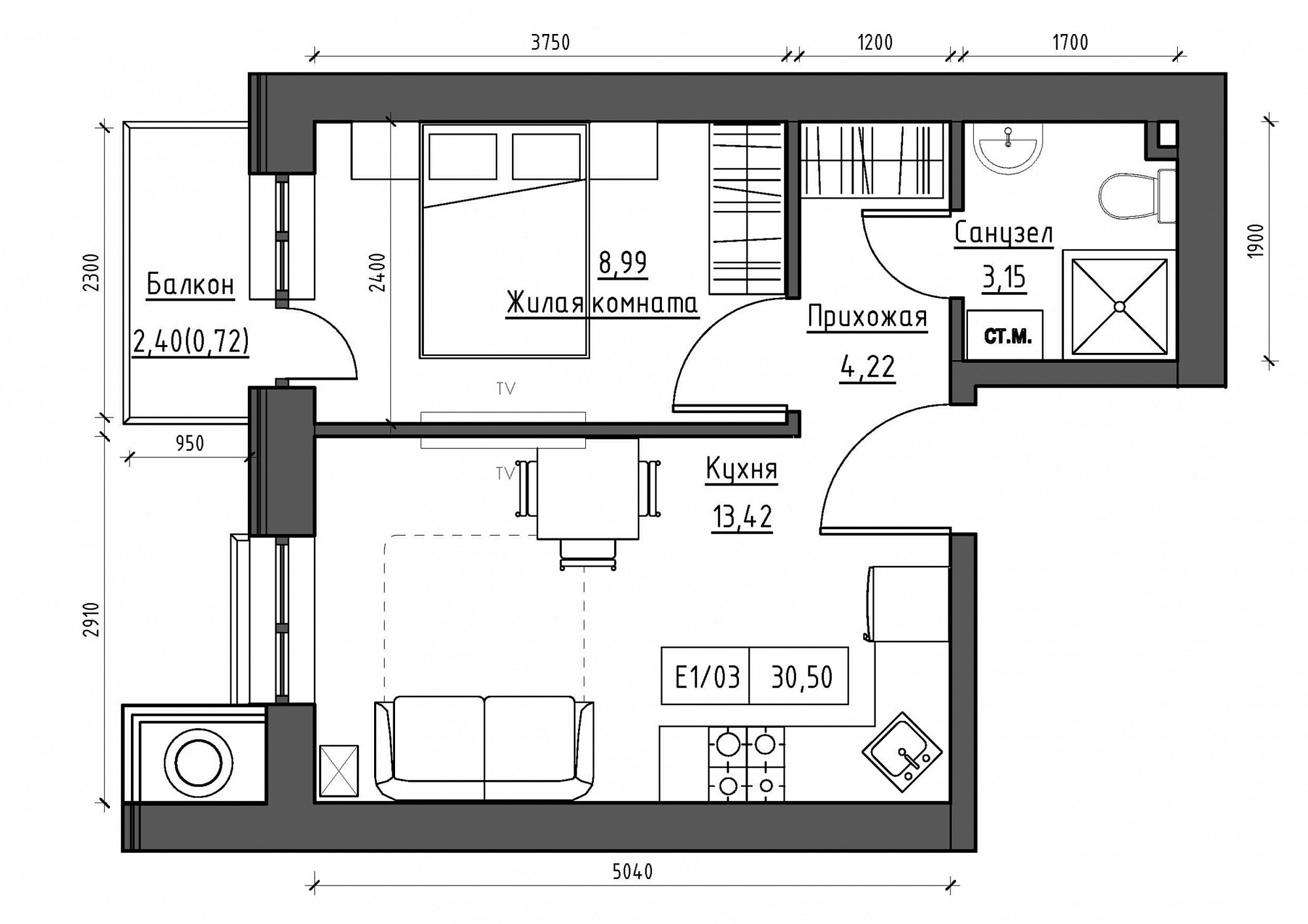 Планування 1-к квартира площею 30.5м2, KS-011-04/0003.
