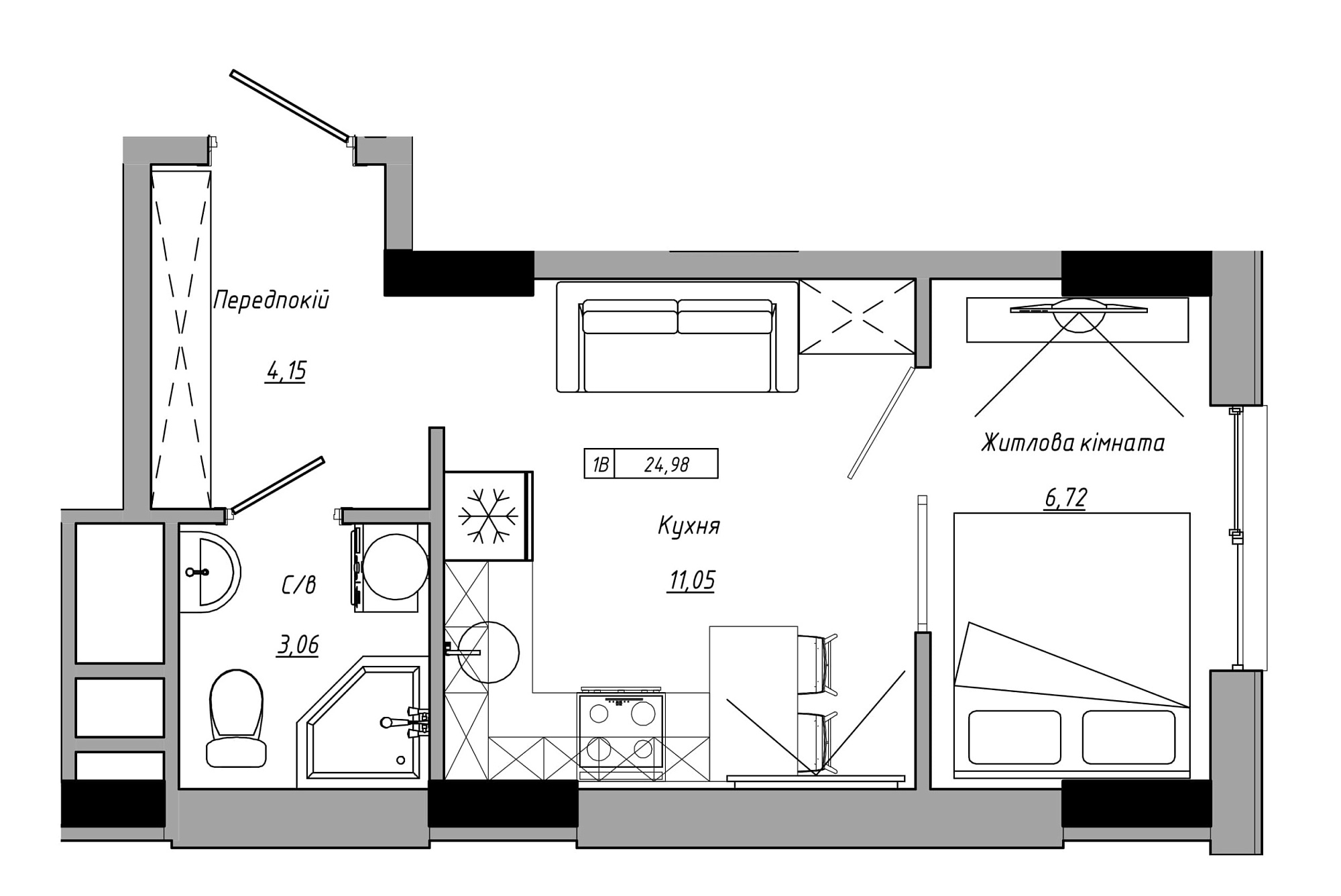Планування 1-к квартира площею 24.98м2, AB-21-06/00004.