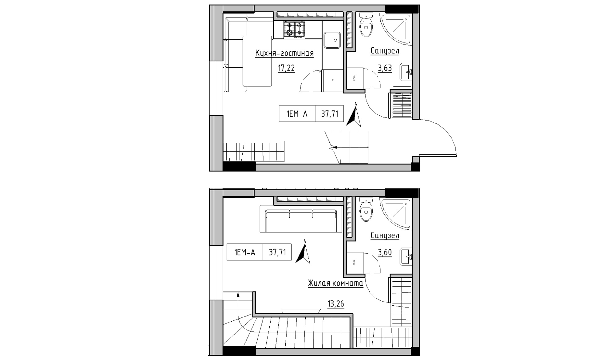 Planning 2-lvl flats area 37.71m2, KS-025-05/0004.