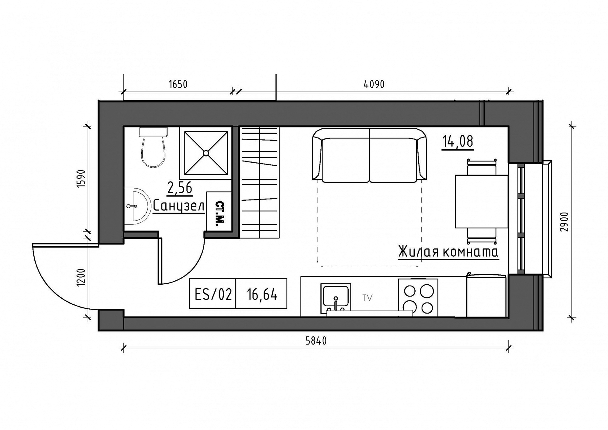 Планування Smart-квартира площею 16.64м2, KS-011-05/0005.