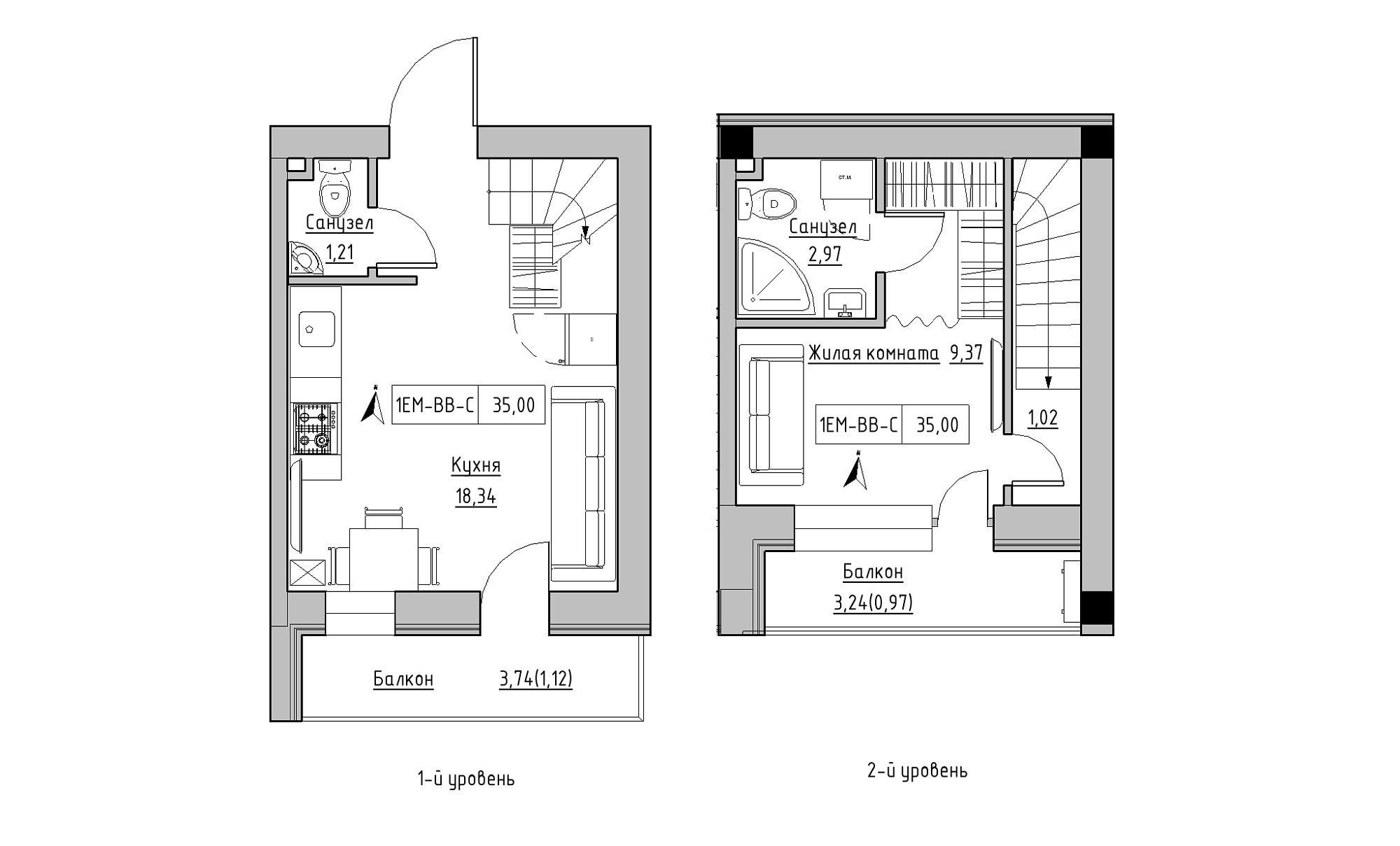 Planning 2-lvl flats area 35m2, KS-016-05/0005.