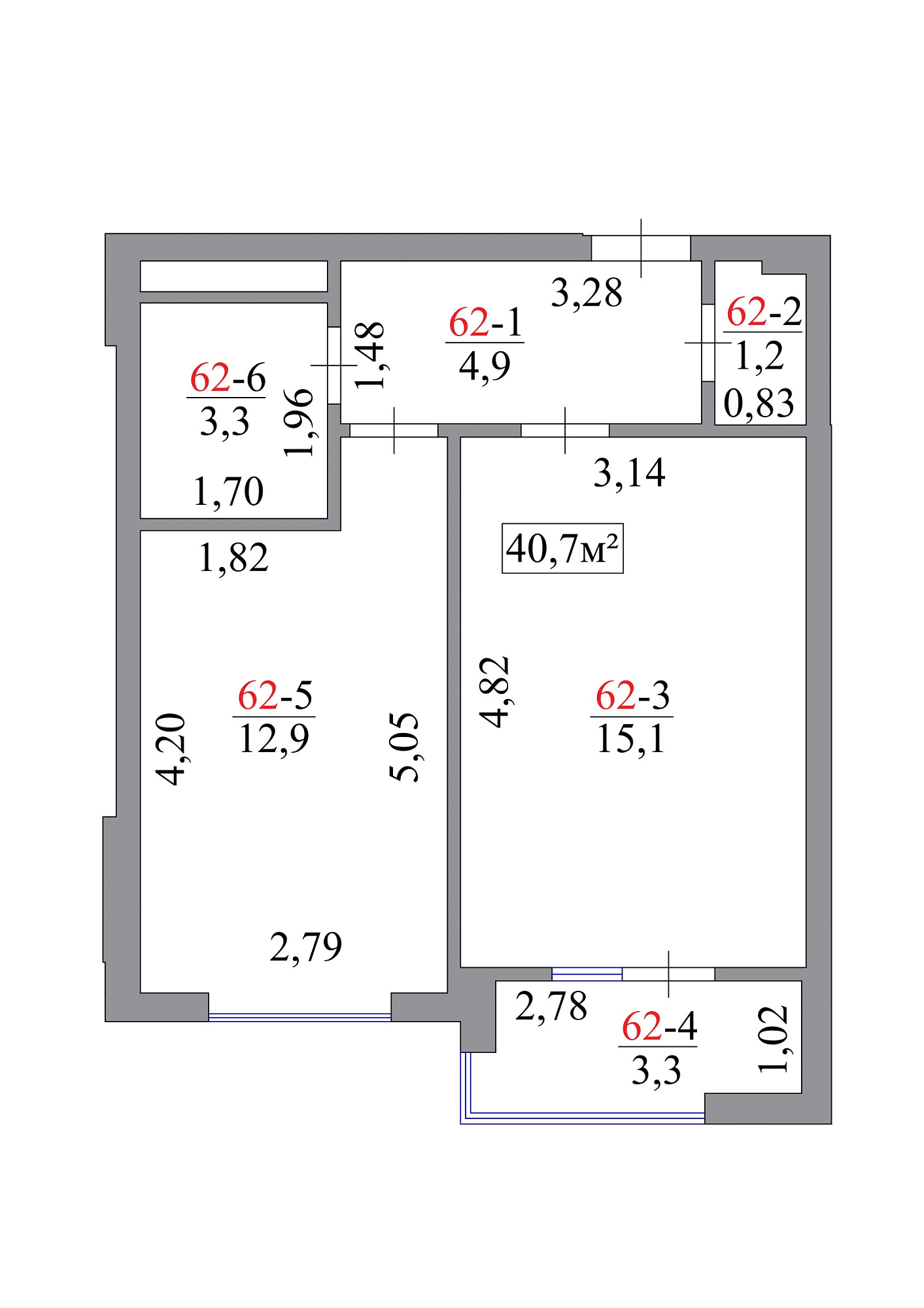 Планировка 1-к квартира площей 40.7м2, AB-07-07/00056.