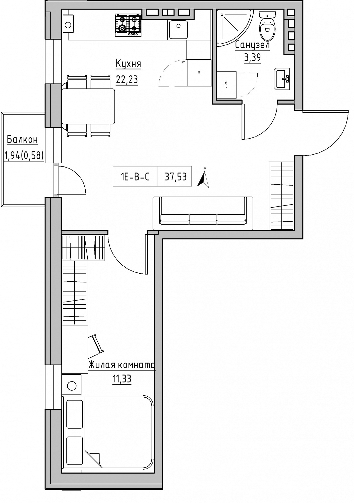 Планировка 1-к квартира площей 37.53м2, KS-024-03/0010.