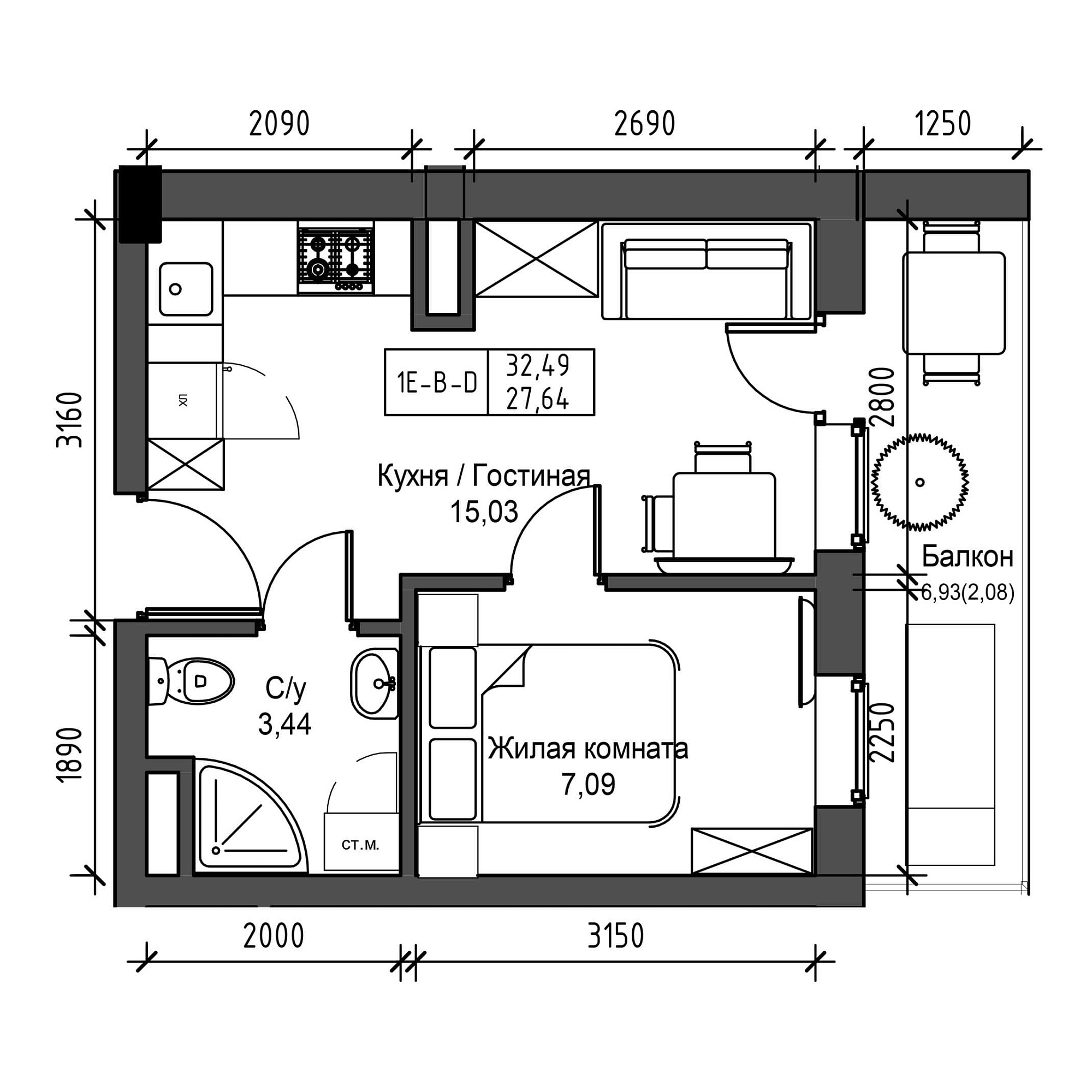 Планировка 1-к квартира площей 27.64м2, UM-001-07/0001.
