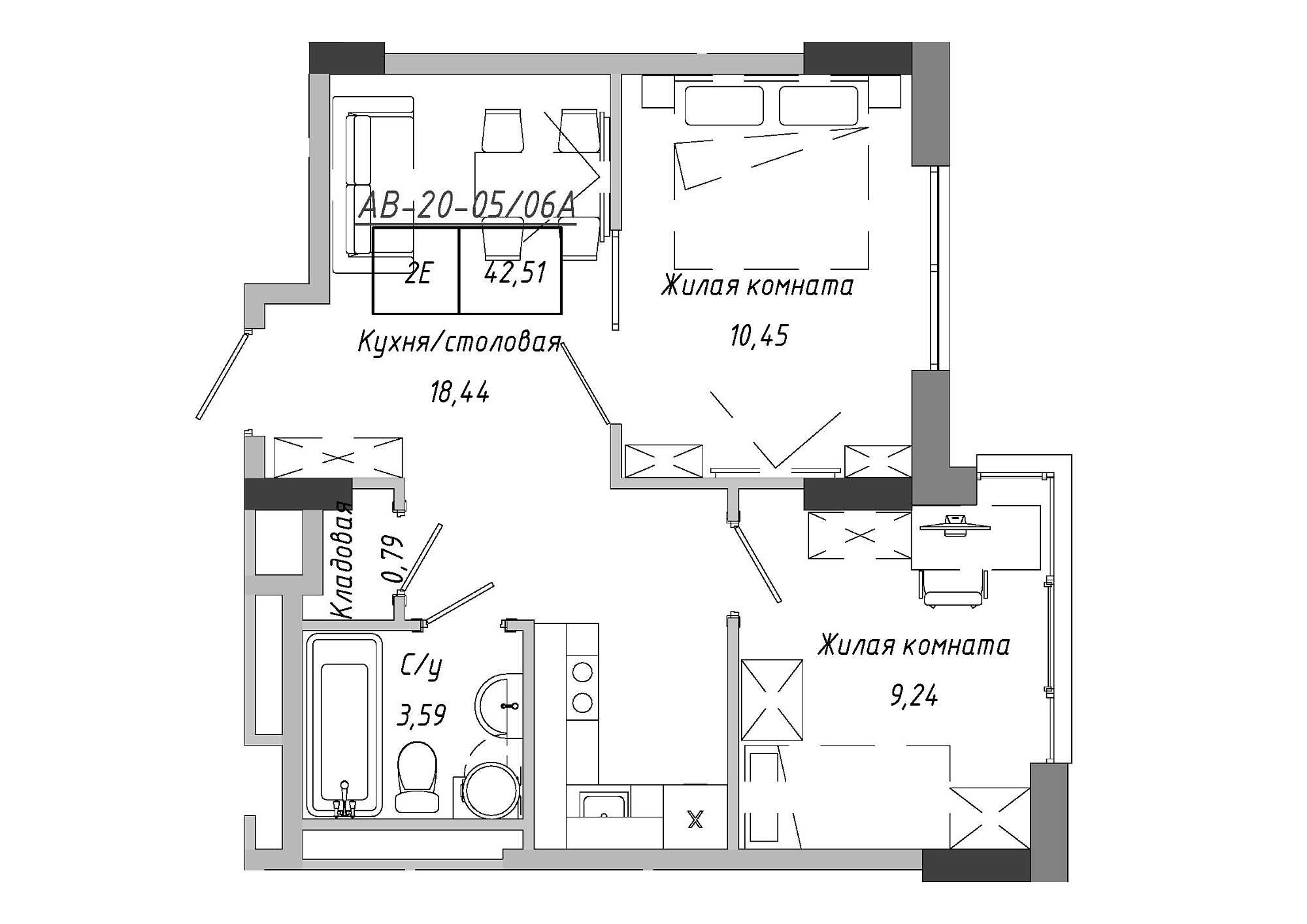 Planning 2-rm flats area 42.85m2, AB-20-05/0006а.