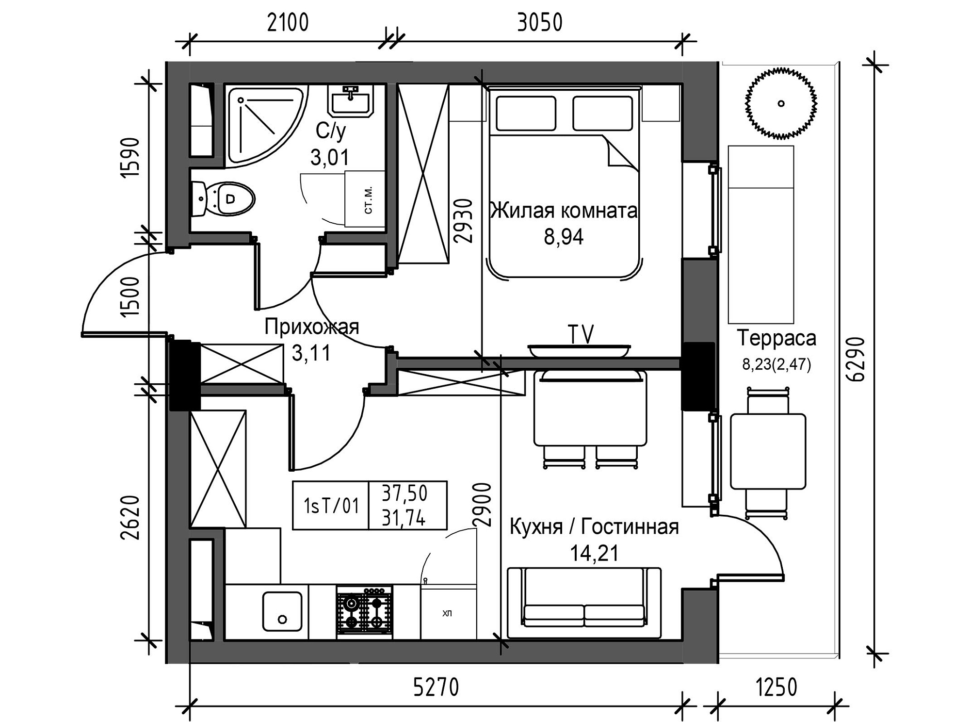 Планування 1-к квартира площею 31.74м2, UM-003-04/0022.