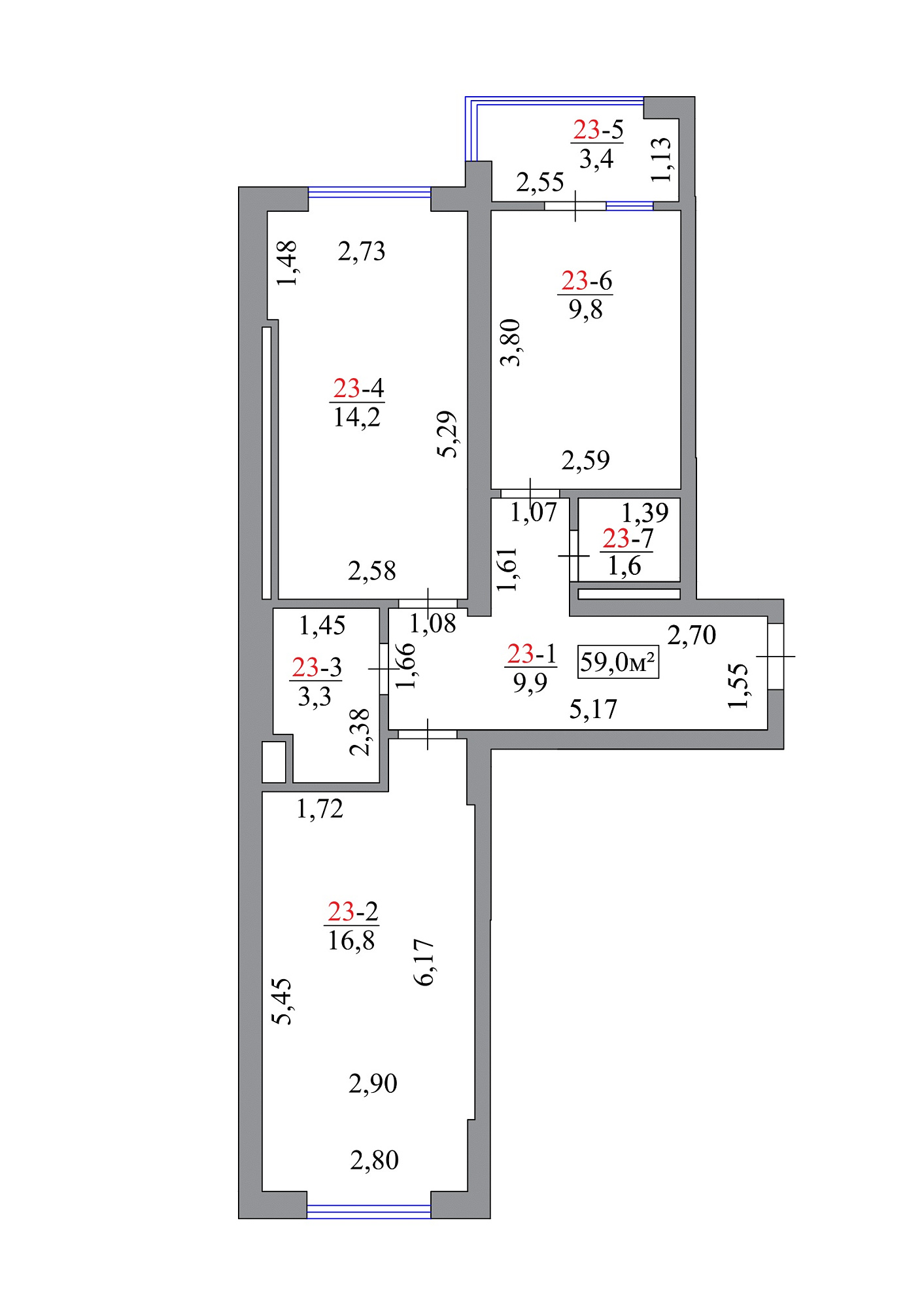 Планировка 2-к квартира площей 59м2, AB-07-03/00021.