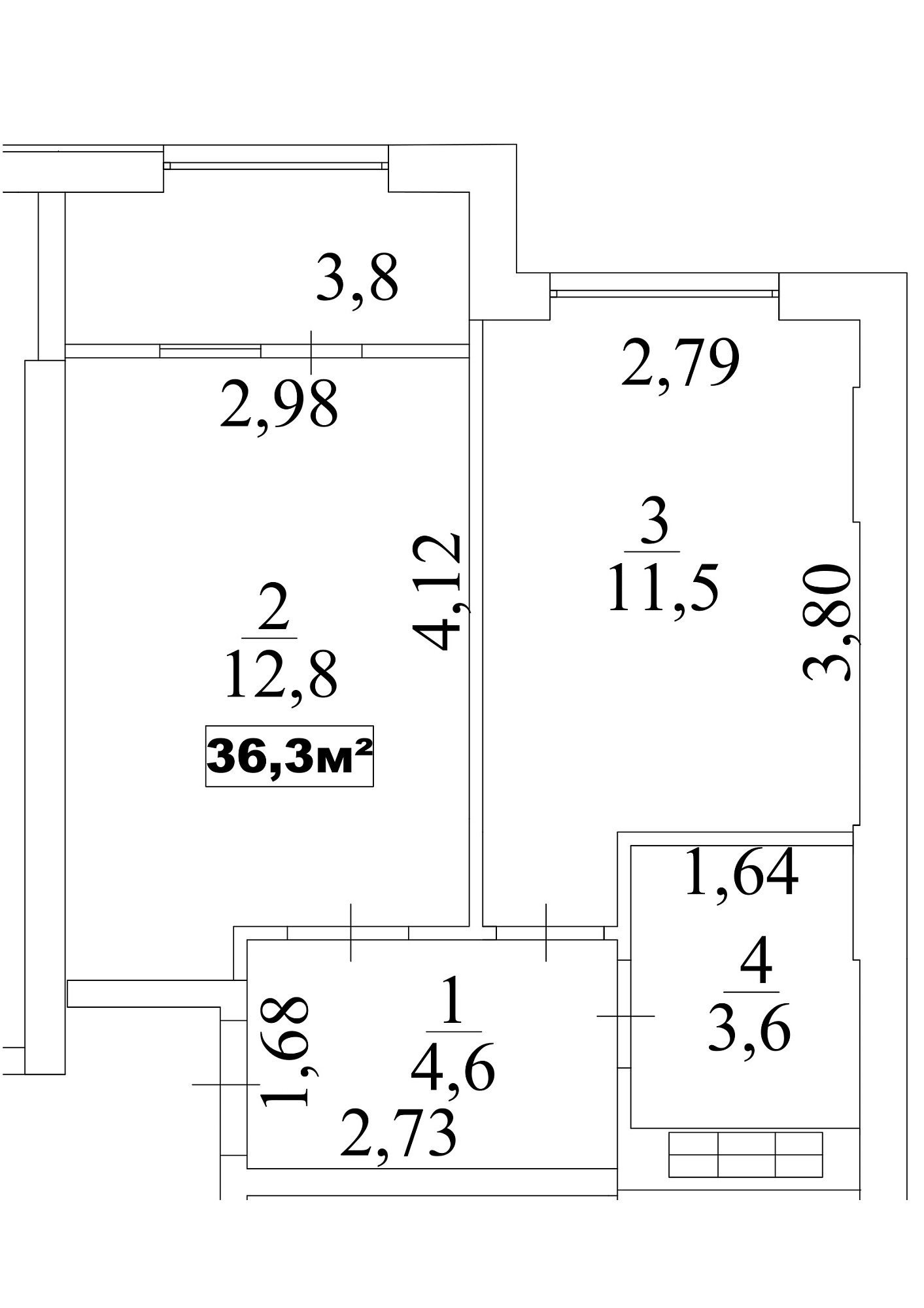 Планировка 1-к квартира площей 36.3м2, AB-10-06/0052б.