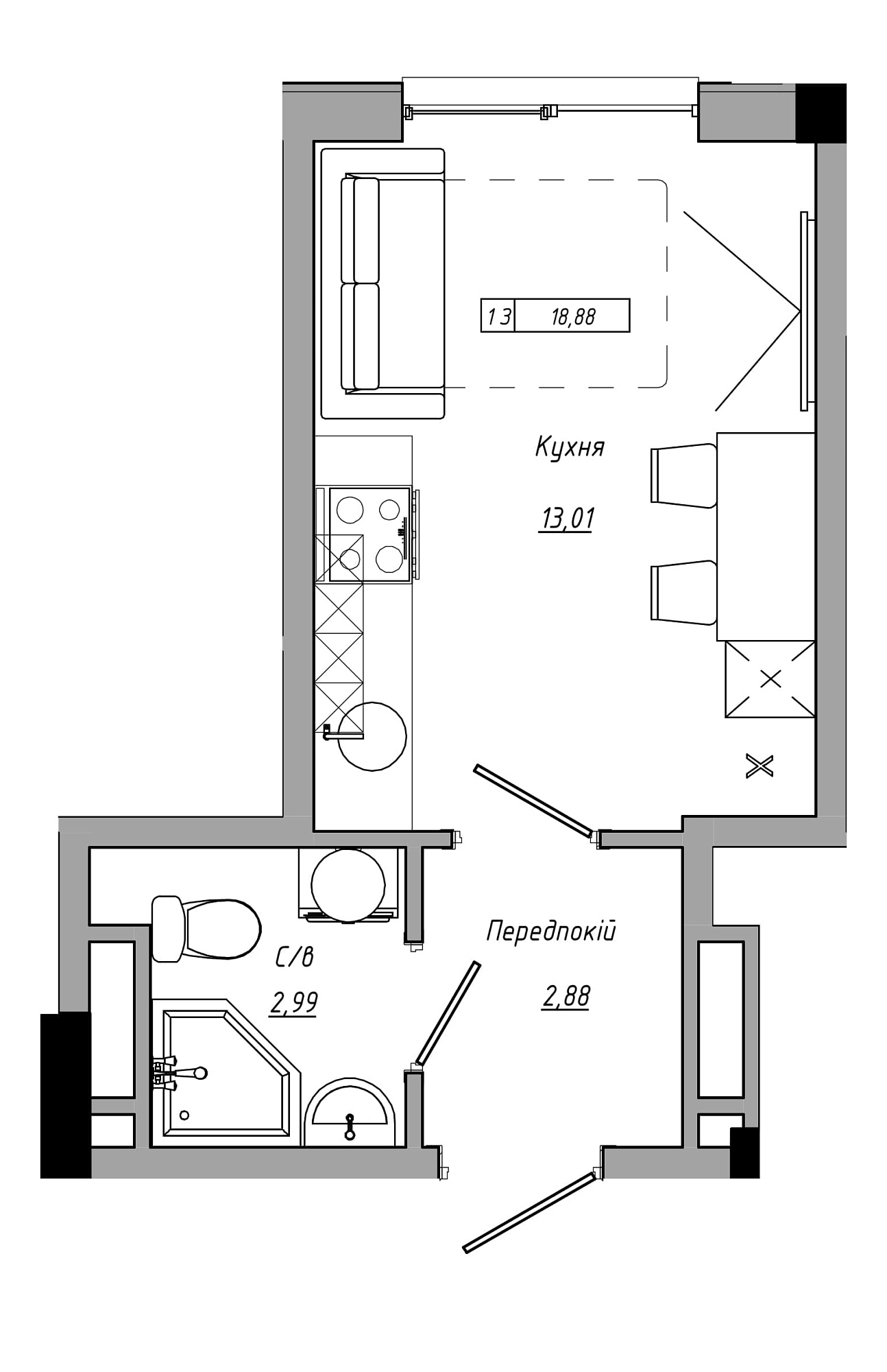 Планування Smart-квартира площею 18.88м2, AB-21-07/00011.